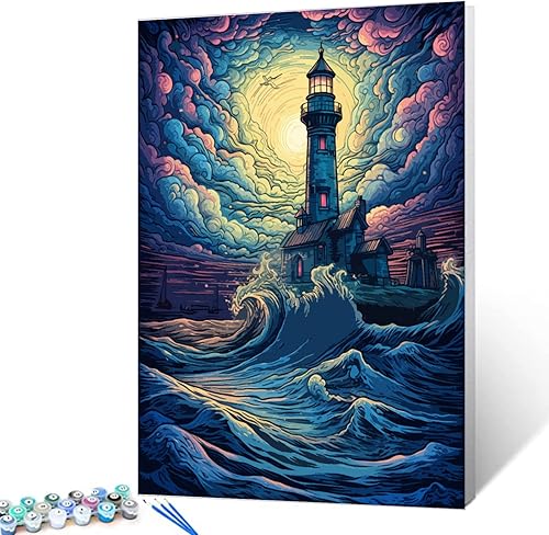 Miniatura 17 de Kit de pintura de luz por números con pinceles, pintura al óleo acrílica de roca junto al mar pacífica para adultos y niños, imágenes de paisajes