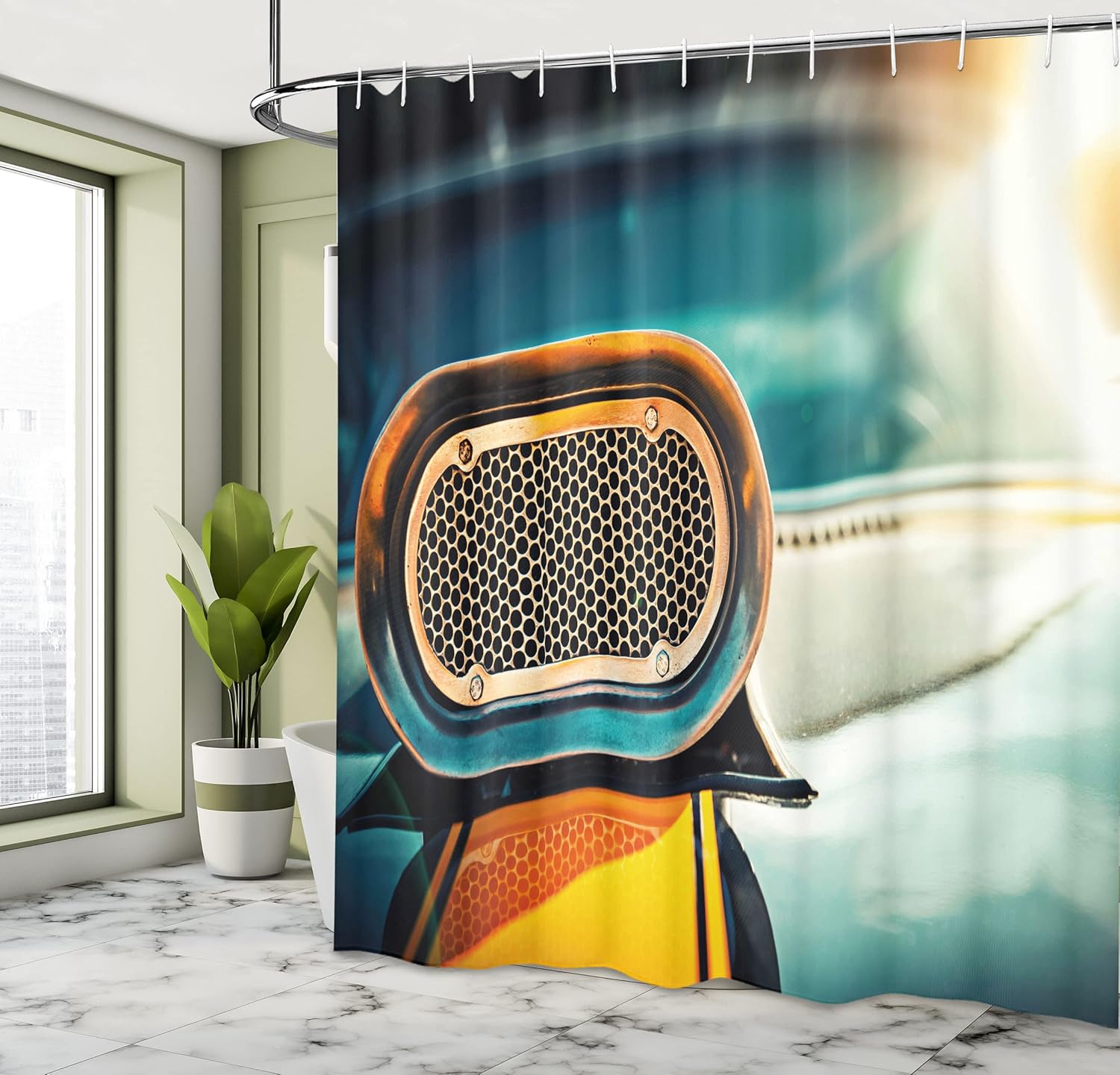 Ambesonne Automobile Shower Curtain, View of Powerful Muscle Car Nostalgic Hood American Fashion Engine Image, Cloth Fabric Bathroom Decor Set with Hooks, 69" W x 75" L, Turquoise Orange