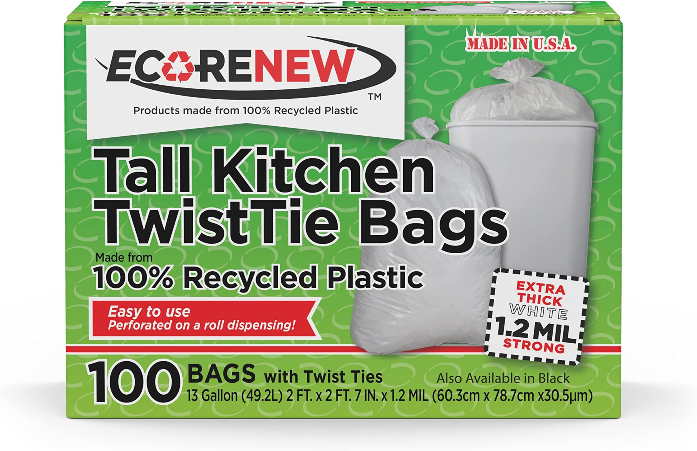Eco Renew Tall Kitchen Trash Bags with Twist Ties, 13 Gallon Capacity, 1.2 Mil Extra Thick Recycled Plastic Garbage Bags, Home Kitchen and Office Use, Eco-Friendly (White)