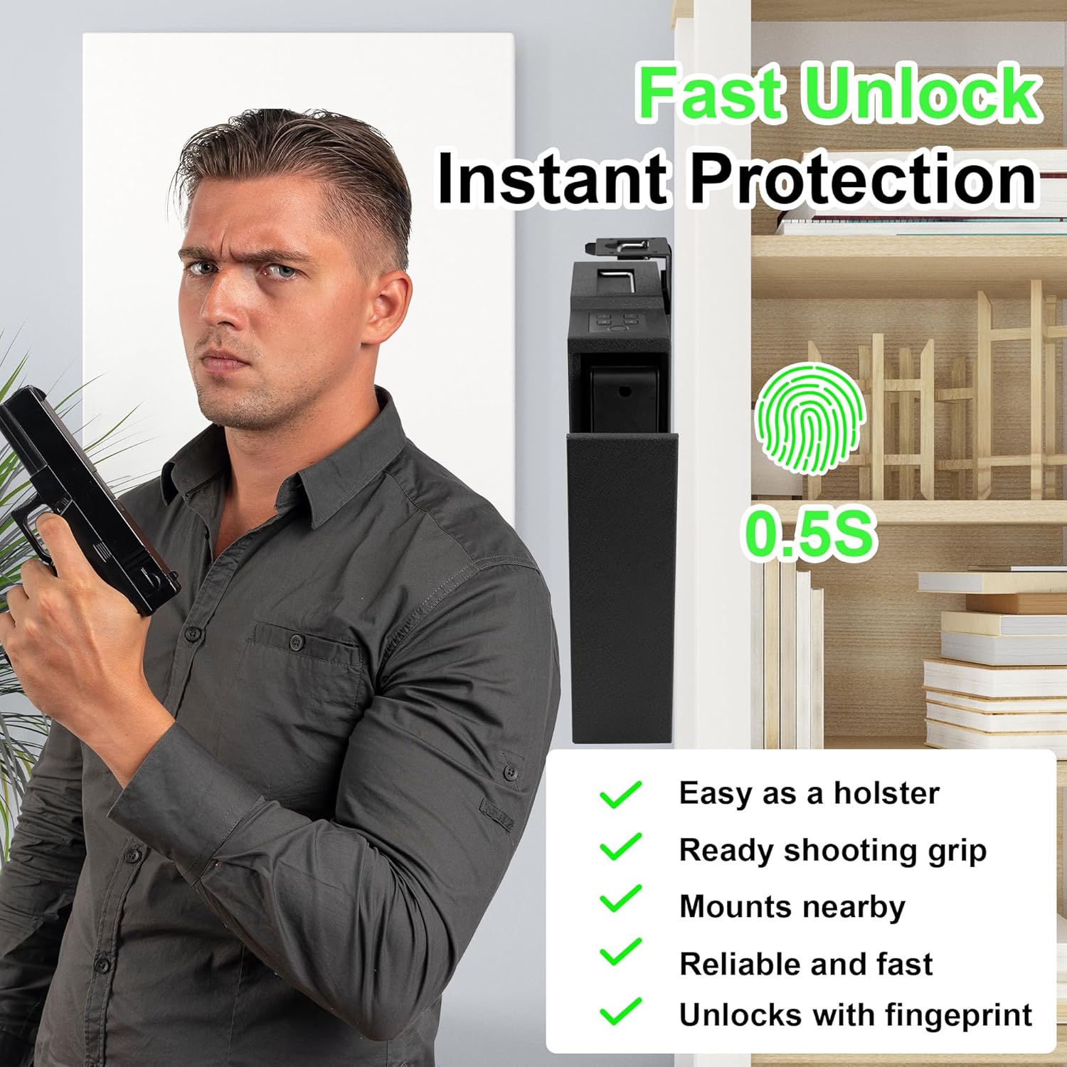 Slider Gun Safe for Hangun, Hangun Safe for Nightstand, Mounted Biometric Slider Pistol Safe with Temp Humidity Battery, 3 Ways Quick Access Handgun Case for Nightstand, Bed, Desk, Wall, Dresser