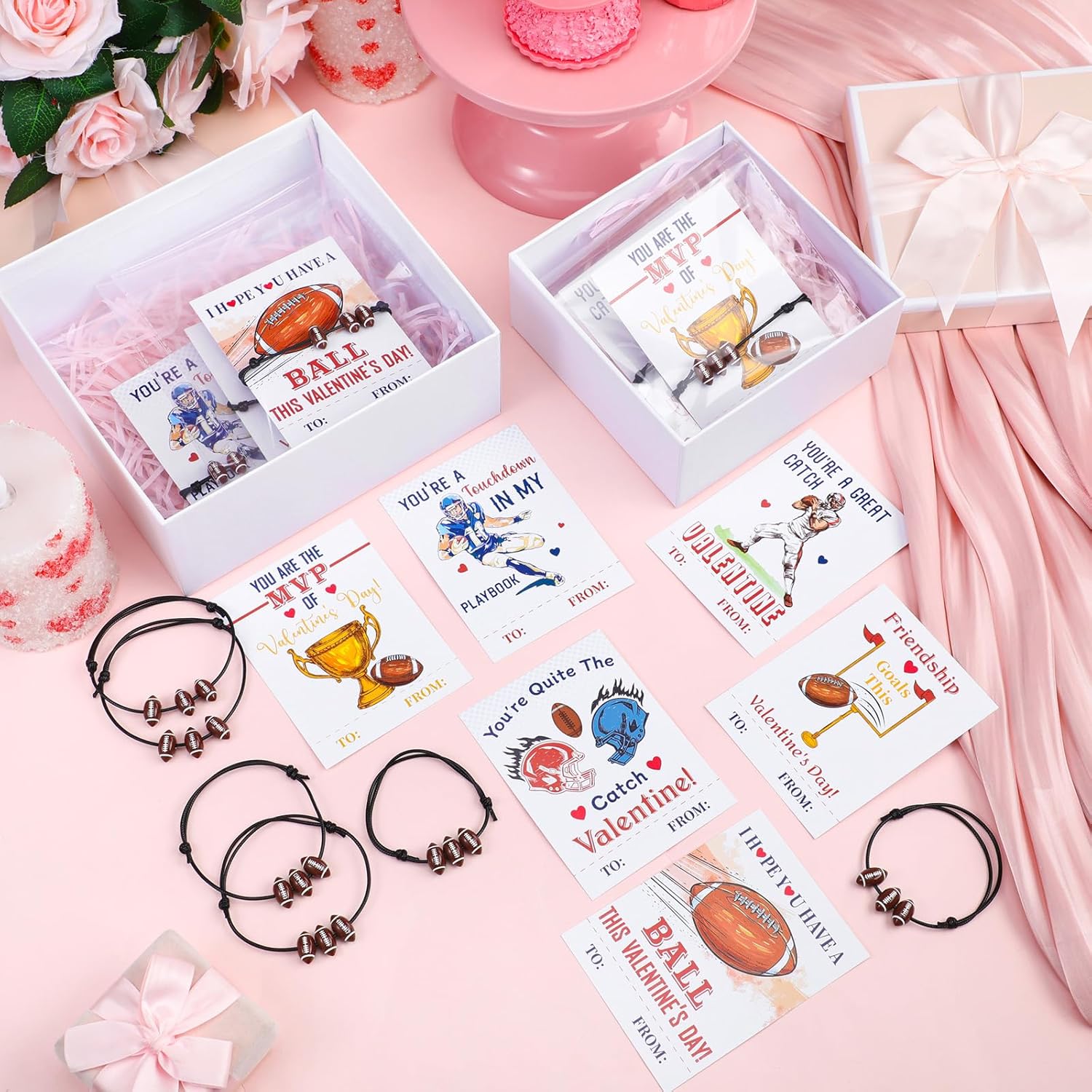 Equsion 36 Set Football Valentine's Gift Cards and Bracelet for Kids Classroom Valentine's Day Exchange Gift Adjustable Sports Bracelet for Boys Girls Party Favor Prizes Supplies