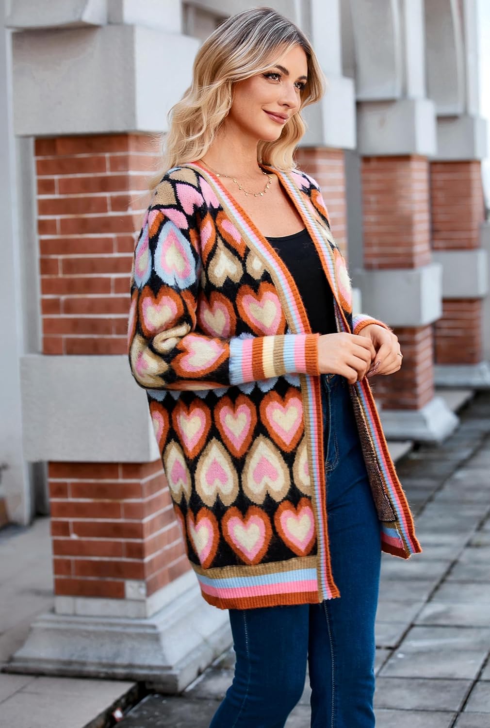 Chunky Cardigan Sweaters for Women Long Open Front Color Block Knitted Heart Cardigan Valentine Sweater - Image 4