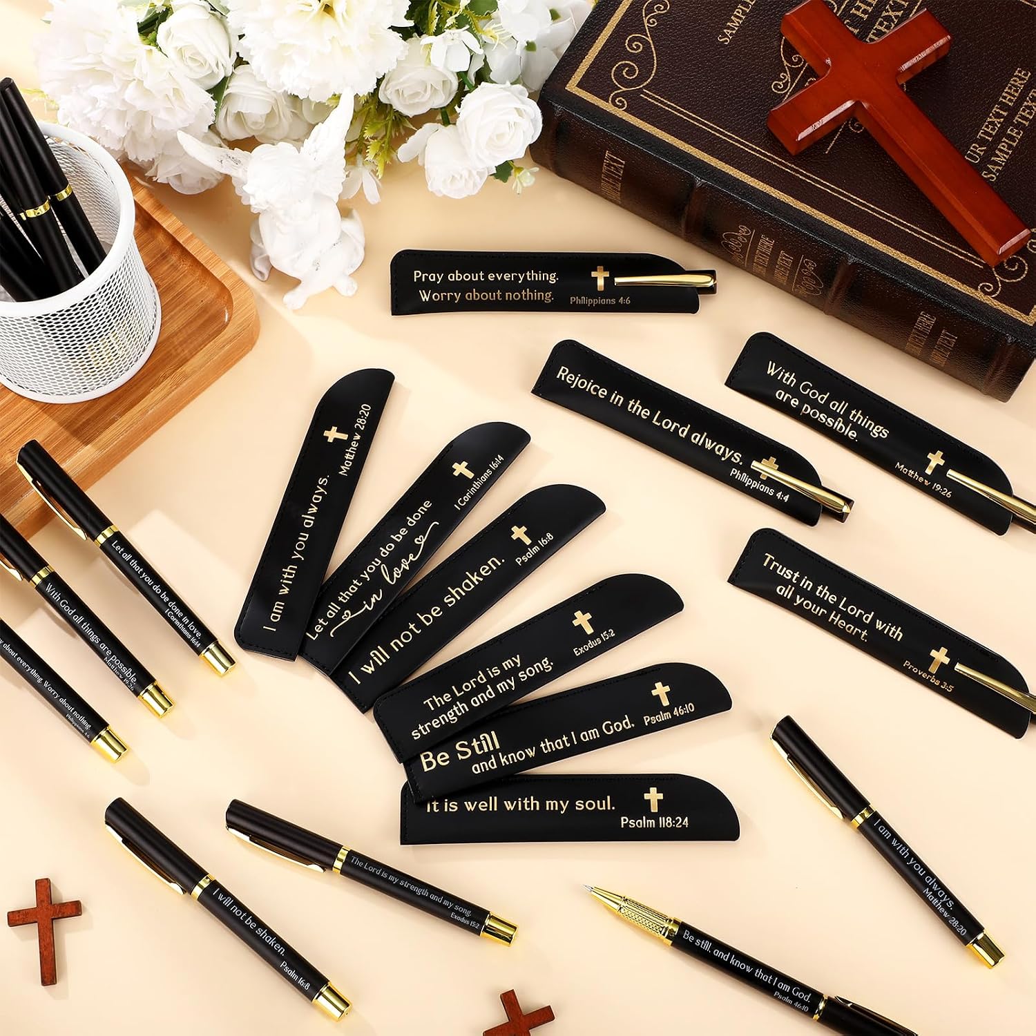Spakon 30 Sets Social Worker Gifts Bulk for Church Bible Verse Ballpoint Pens with Religious Leather Pen Holder Sleeve for Women Men Church Sunday School Appreciation Gifts (Black)