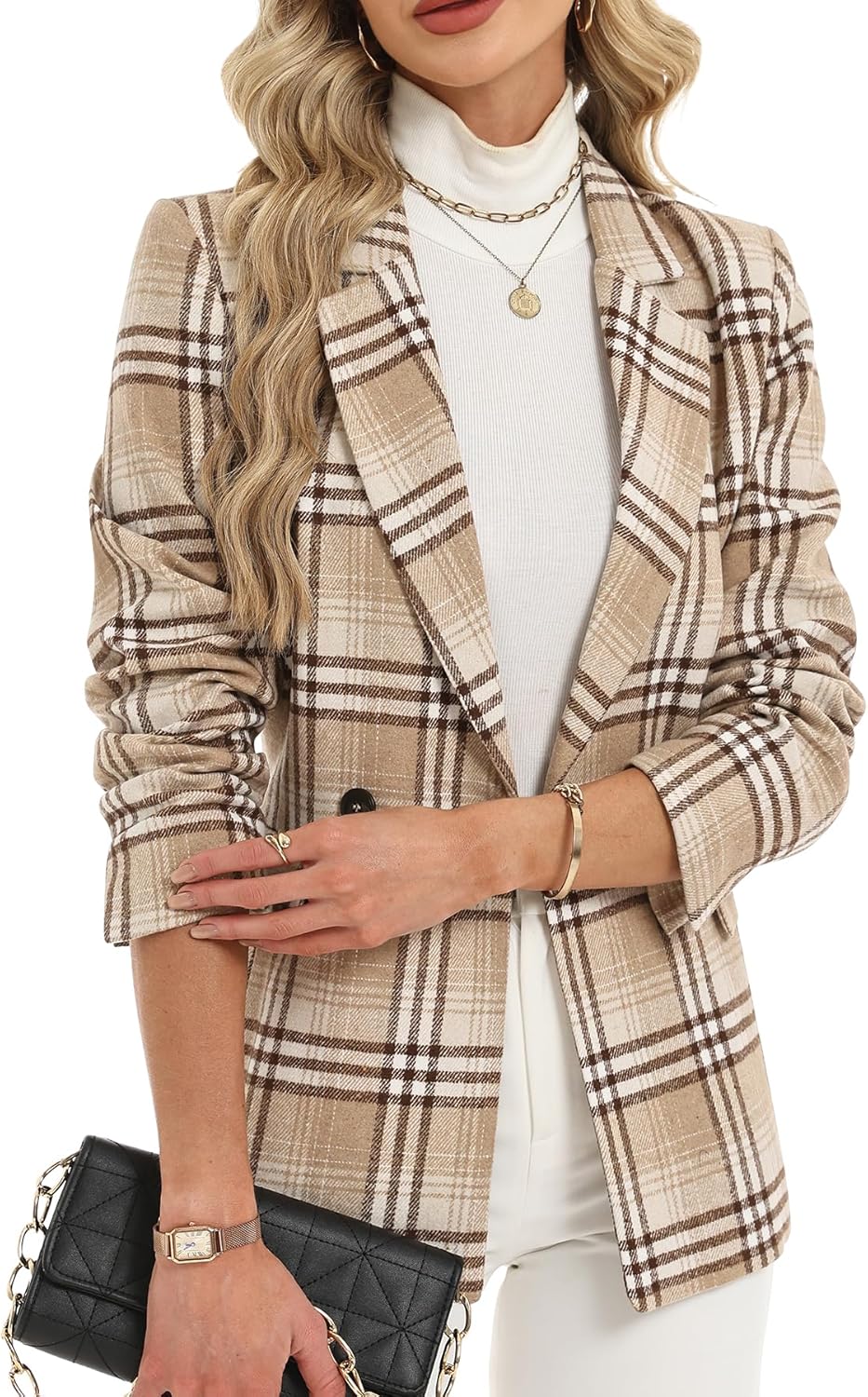 ELLEVEN Women's Houndstooth Plaid Tweed Blazer, Casual Trendy Double-Breasted Suit Jacket with Pockets Fully Lined