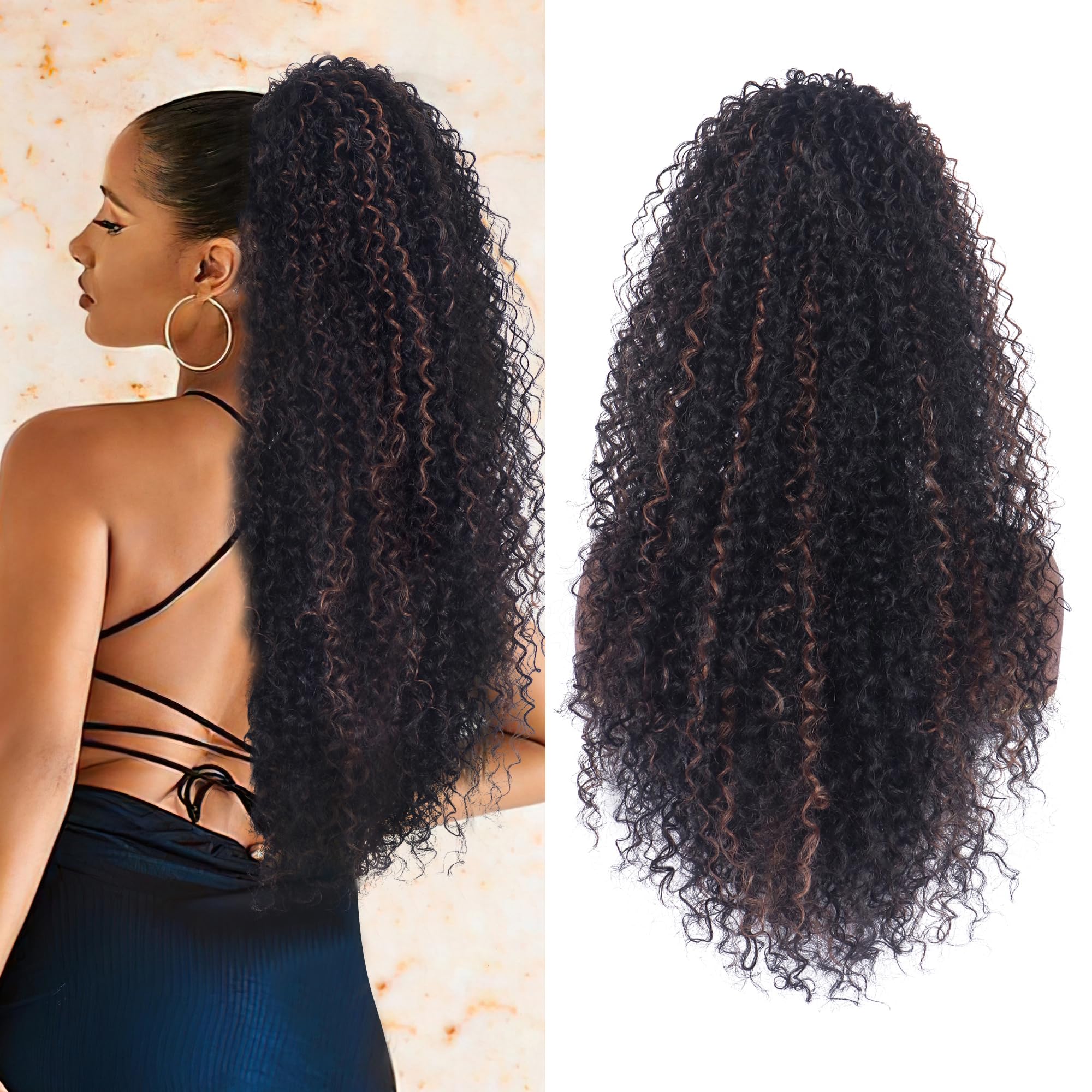 27 Inch Drawstring Ponytail Extension Deep Curly Synthetic Mixed Human Hair Amazon.com : Alebery 27 Inch Drawstring Ponytail Extension  main image 2