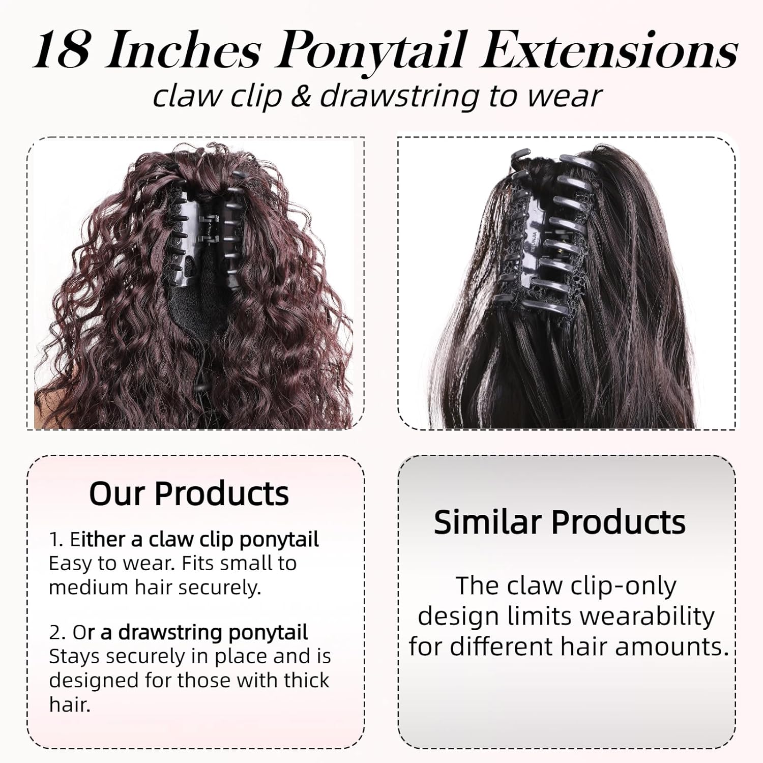 Short Ponytail Extension Claw Clip 18'' Clip In Ponytails Wig Curly Drawstring Ponytail Hair Extensions Synthetic Pony Tail Extensions Fake Hair Ponytails Extension for Black Women Dark Brown