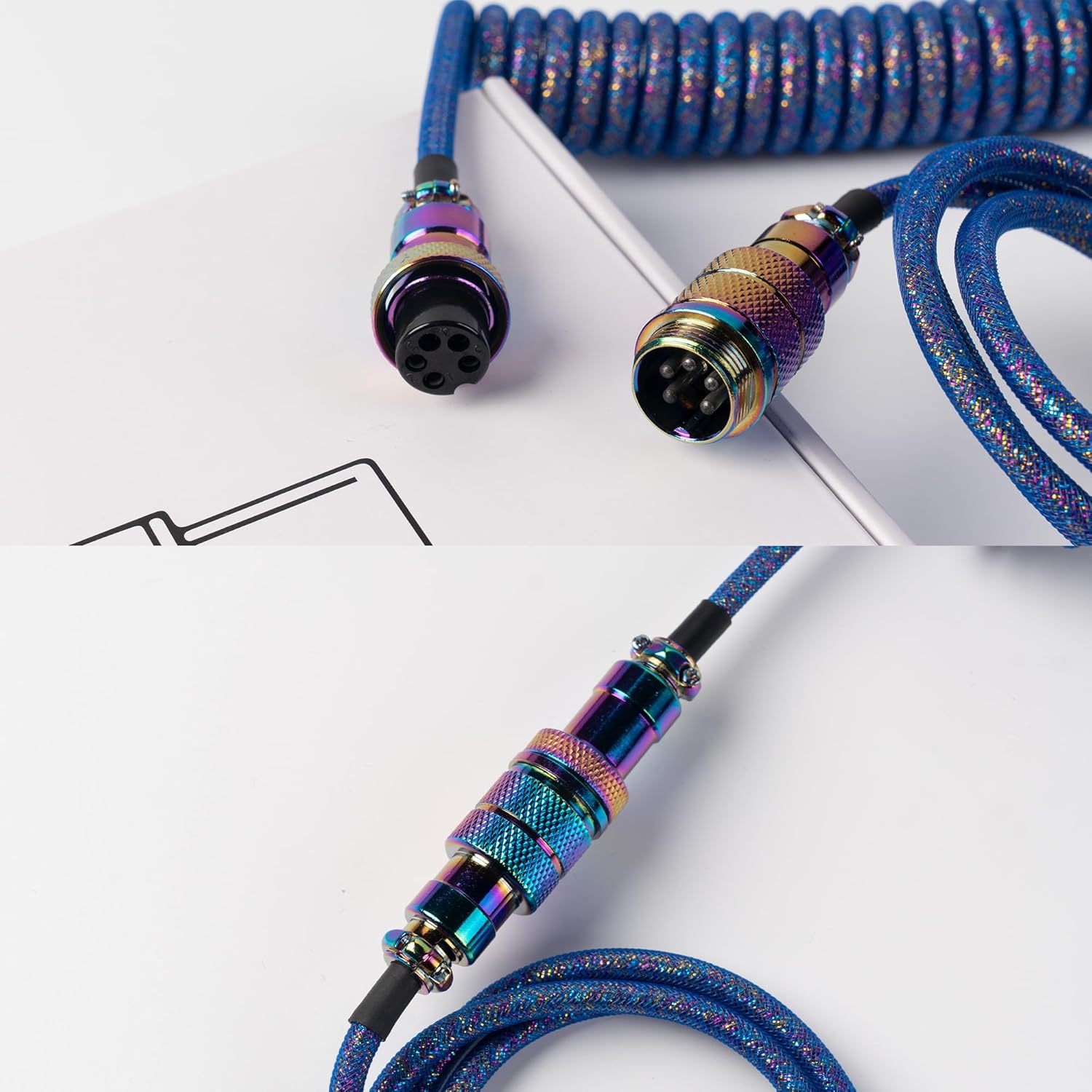 Keychron Premium Coiled USB-C Angled Aviator Cable – Rainbow Plated Blue, 5-Pin GX16 Detachable Metal Connector, USB-A Adapter, Double-Sleeved Design, for Mechanical Keyboards, Charging and Data Sync