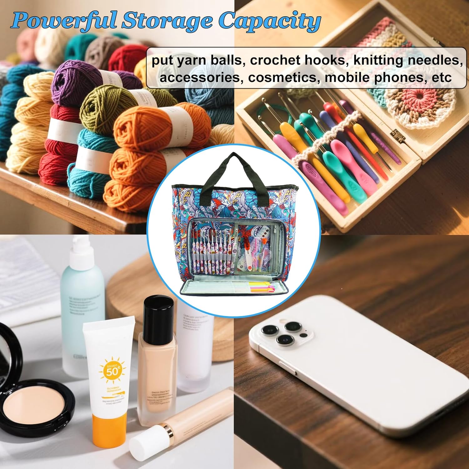 Mdoker Knitting Bags and Totes Organizers Large Crochet Bag Lightweight Yarn Bags for Travel Yarn Storage Organizers for Crochet Hooks,Yarn,Knitting & Crochet Supplies(Retro)