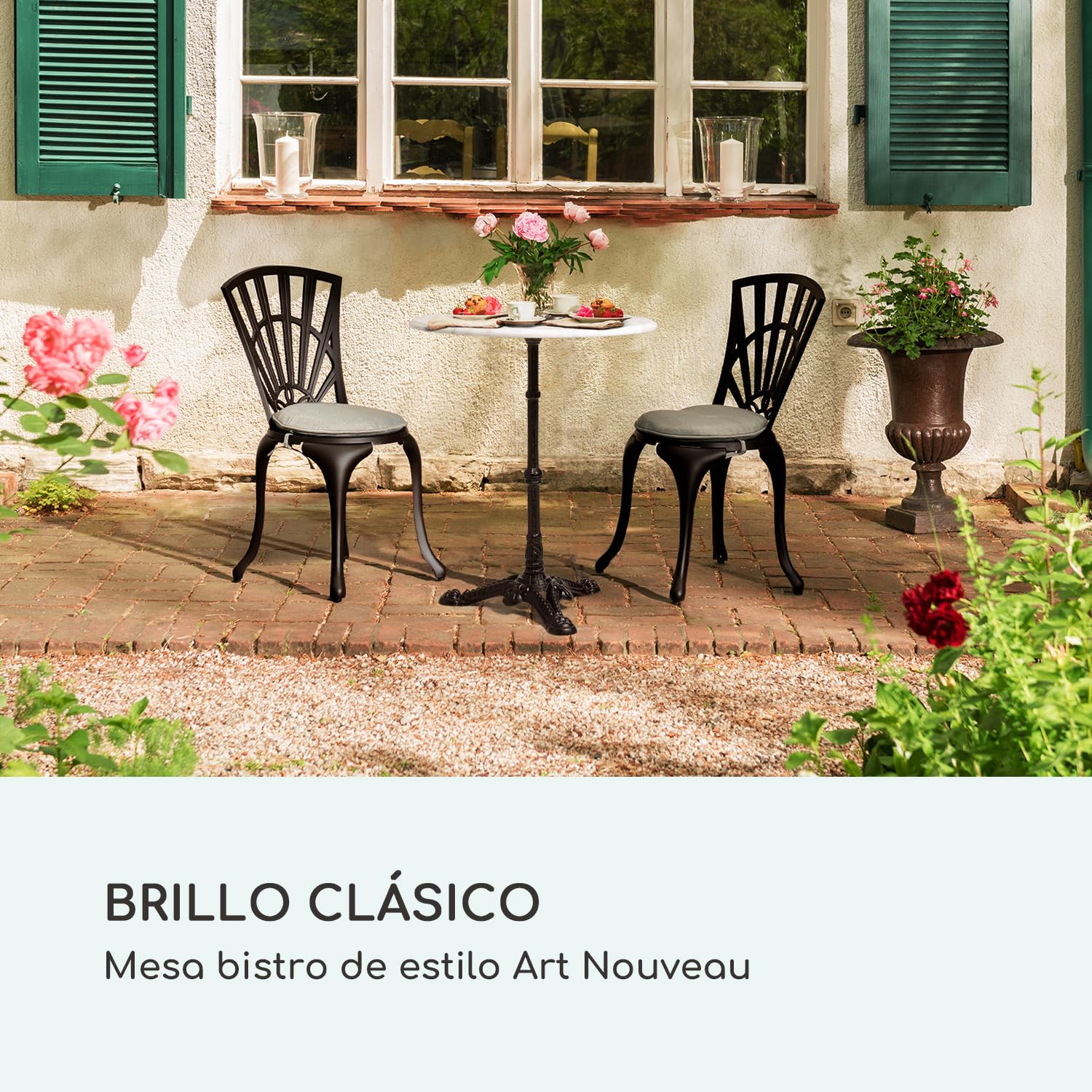 blumfeldt Patras - Mesa de bar con borde decorativo, Mesa de café con base de hierro fundido, Para interior y exterior, Resistente al agua y heladas, Ø 60 cm, Altura 71 cm, Blanco