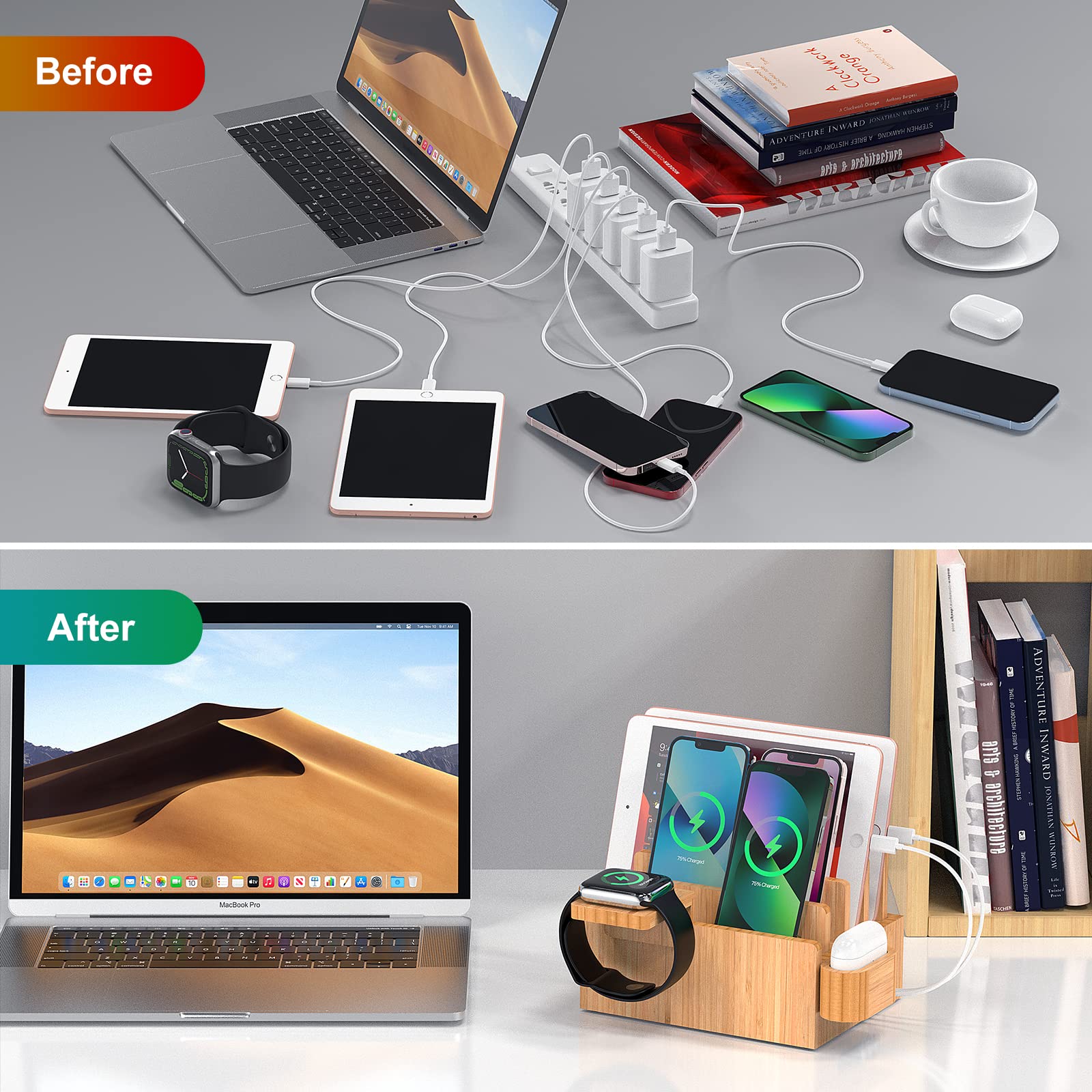 Bamboo Charging Station for Multiple Devices (Included 5 Port USB Charger, 6 Pack Charge & Sync Cable, Watch&Earbuds Stand), Electronic Device Desktop Organizer for Cellphone, Tablet, Watch, Earbuds