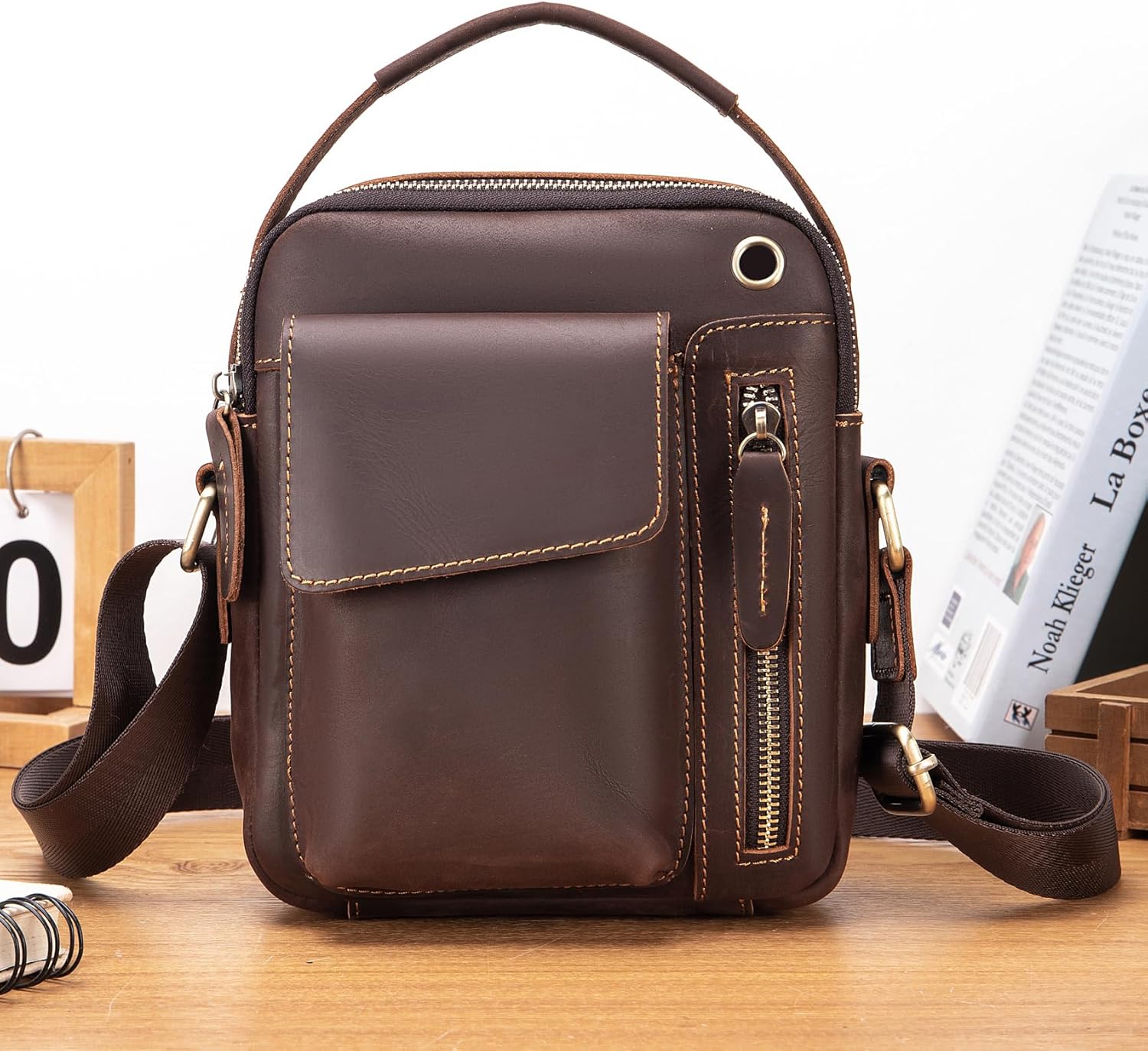 KPYWZER Genuine Leather Shoulder Bag Small Men Messenger Pack Handbag Sling Crossbody Bag Man Purse for Business
