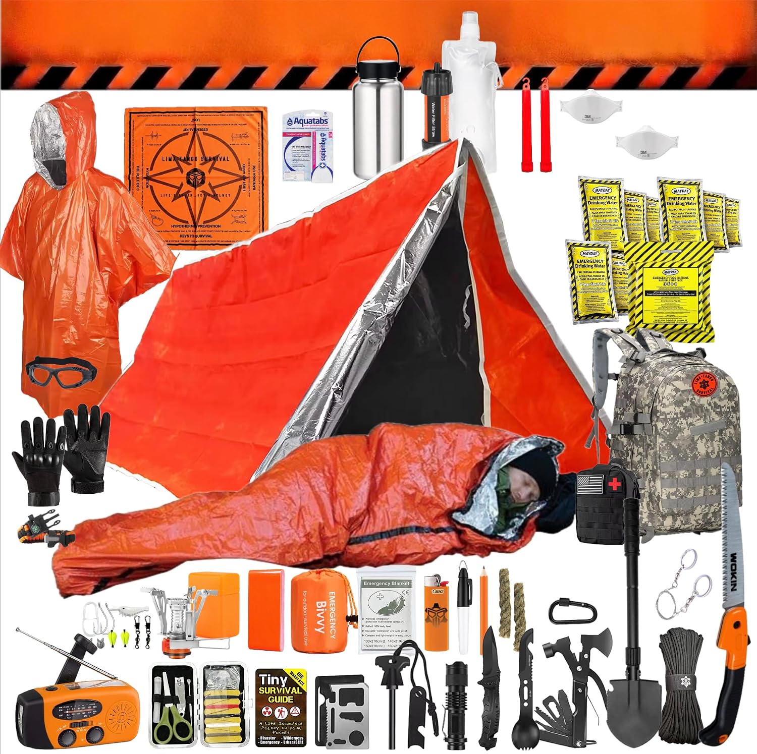 48 Hour Survival Kit 1-Person 228 Pieces Survival Gear and Supplies, 45L Go Bag Emergency Backpack, First Aid, Water Filter, Food, Tools, Tent, Camping Essentials, Emergency Preparedness - THE Solo