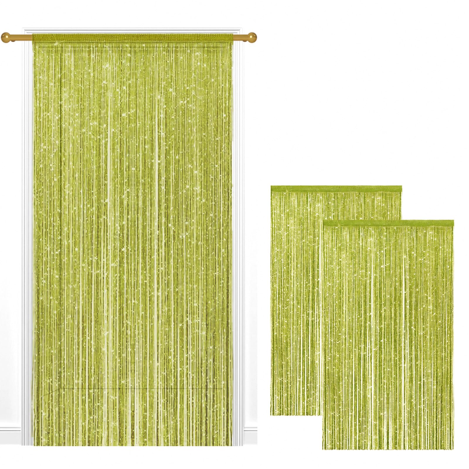 2 Pack String Door Curtains, 100 x 200 cm Glitter Fringe Panel Grass green — image 1