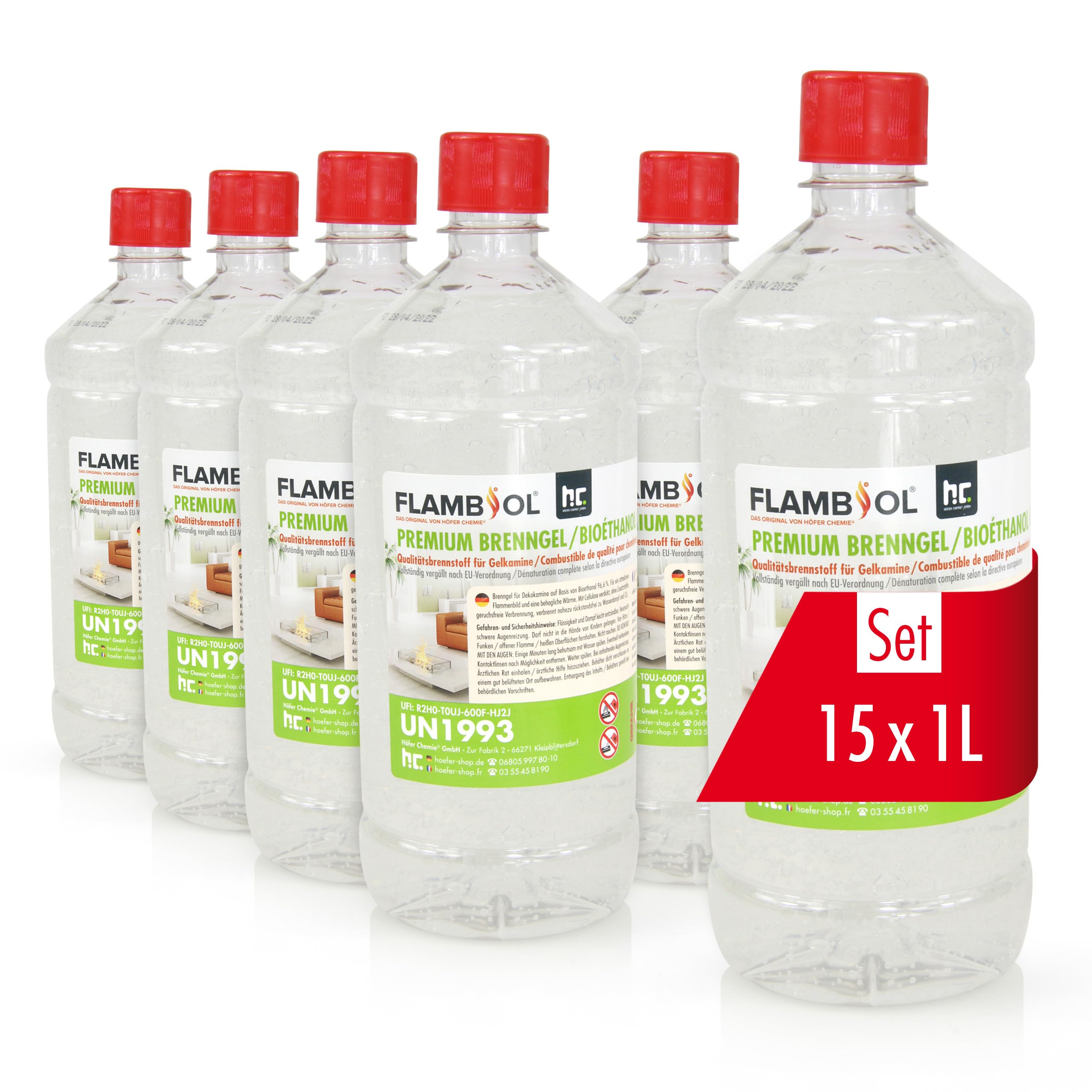 FLAMBIOL® Bioéthanol Premium en Gel (15 x 1 L) – Combustible Longue Durée, Idéal pour Cheminées d'Intérieur et d'Extérieur – Formule Améliorée et Écologique, Fabriqué en Allemagne
