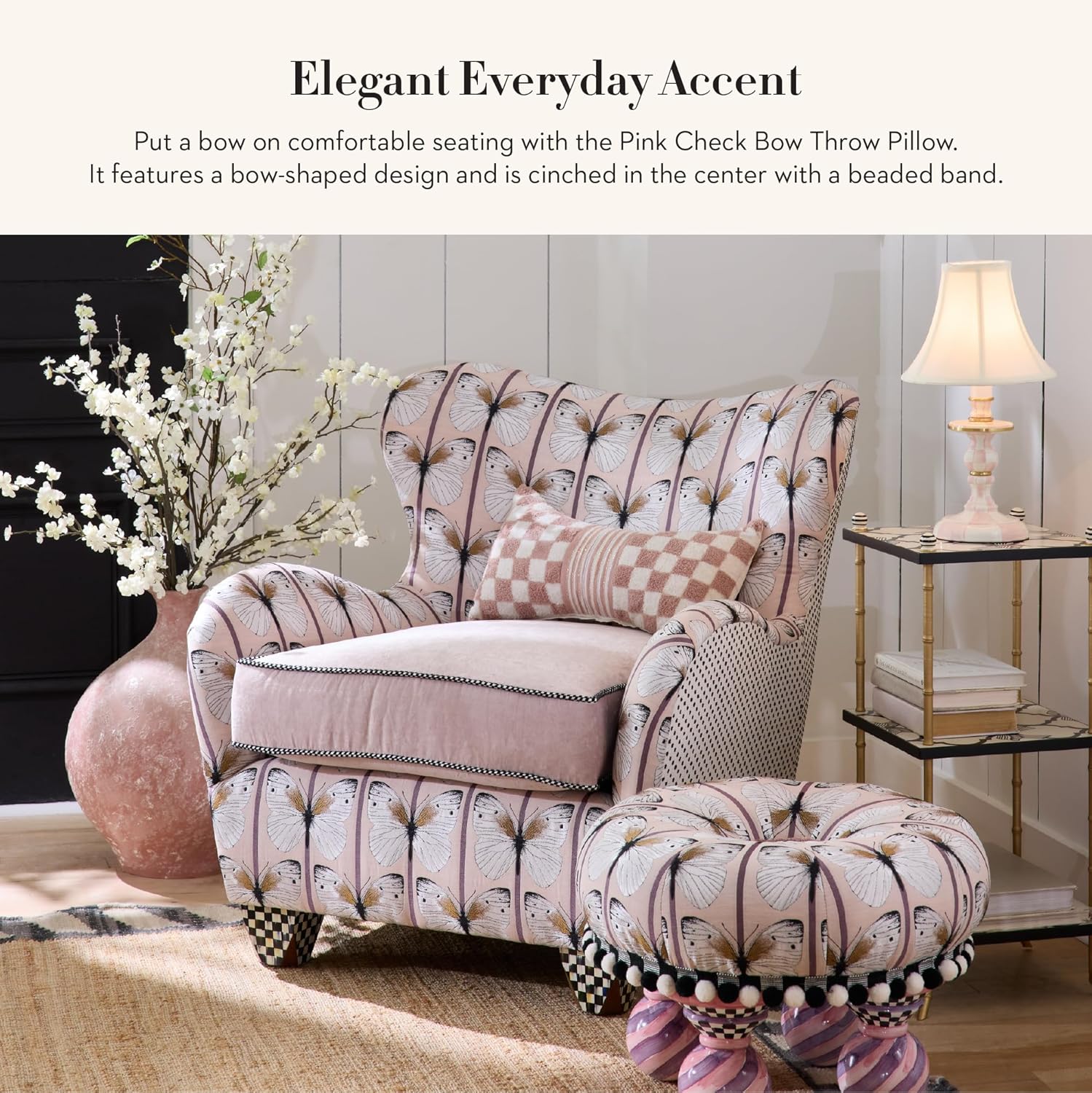 MACKENZIE-CHILDS Lumbar Throw Pillow, Decorative Polyester Pillow for Living Room, 11x20, Pink Check Bow