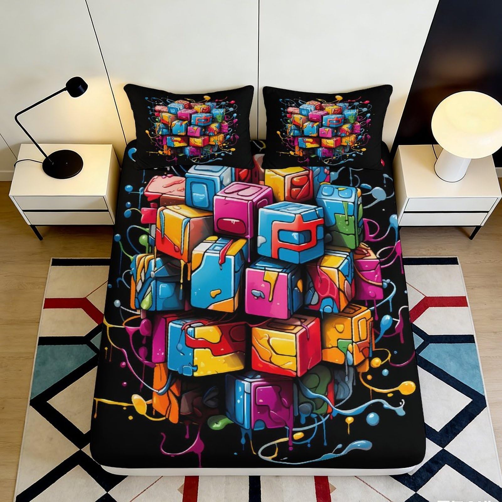 3D Printed Colorful Cube Graffiti Fitted Sheet Microfiber Soft Durable Black Bed Cover Vibrant 3D Printed Blocks Mattress Cover for Bedroom Dorm Dormitory Guest Room 120x200x25cm