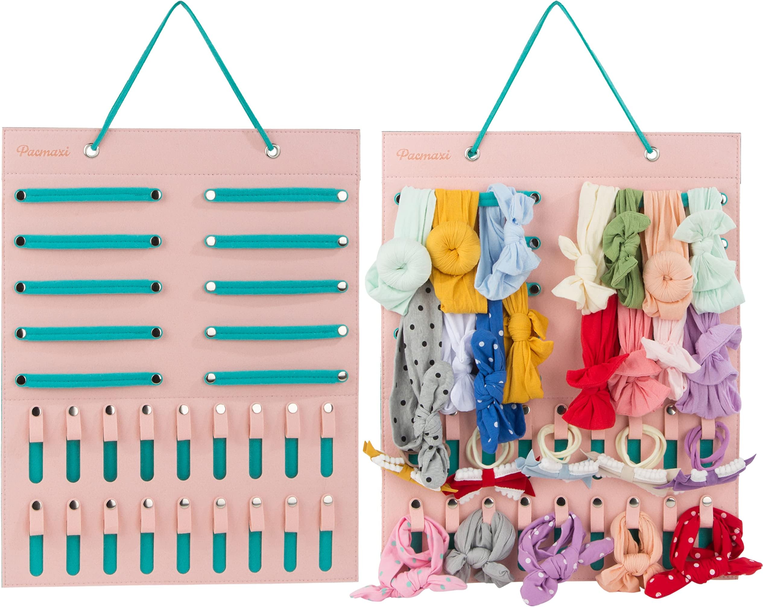 PACMAXI Hanging Baby Girl Headbands Storage Organizer, Newborn Headbands and Bows Holder(10 Snap Band+18 Snaps,Pink+Green)