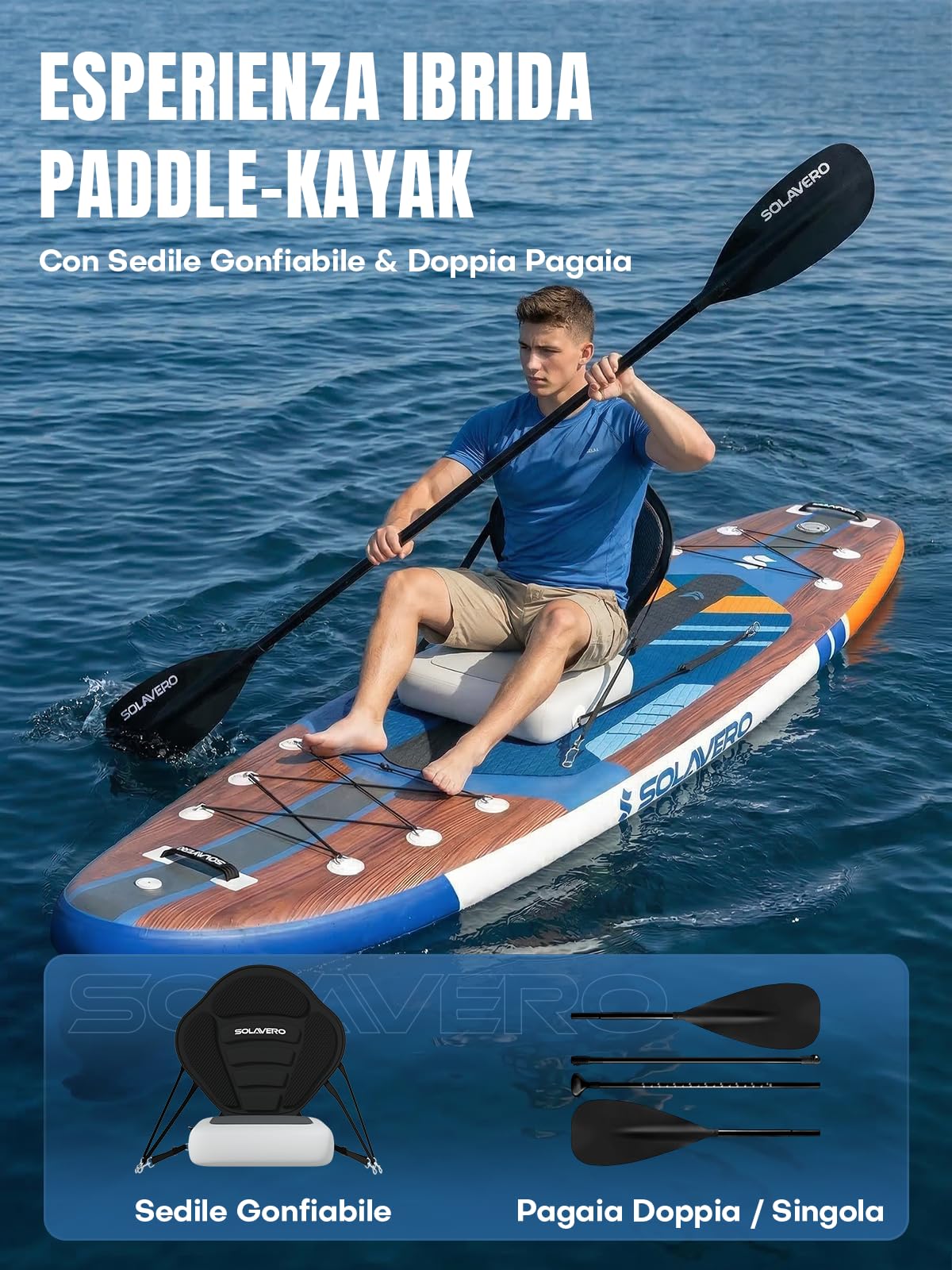 SOLAVERO Tavola SUP Gonfiabile Adulti 210kg Offerta, 350 x 89 x 15 cm Stand Up Paddle Board 2 Persone con Pompa, Sedile, Pagaia Regolabile, Leash, Custodia Impermeabile e Zaino
