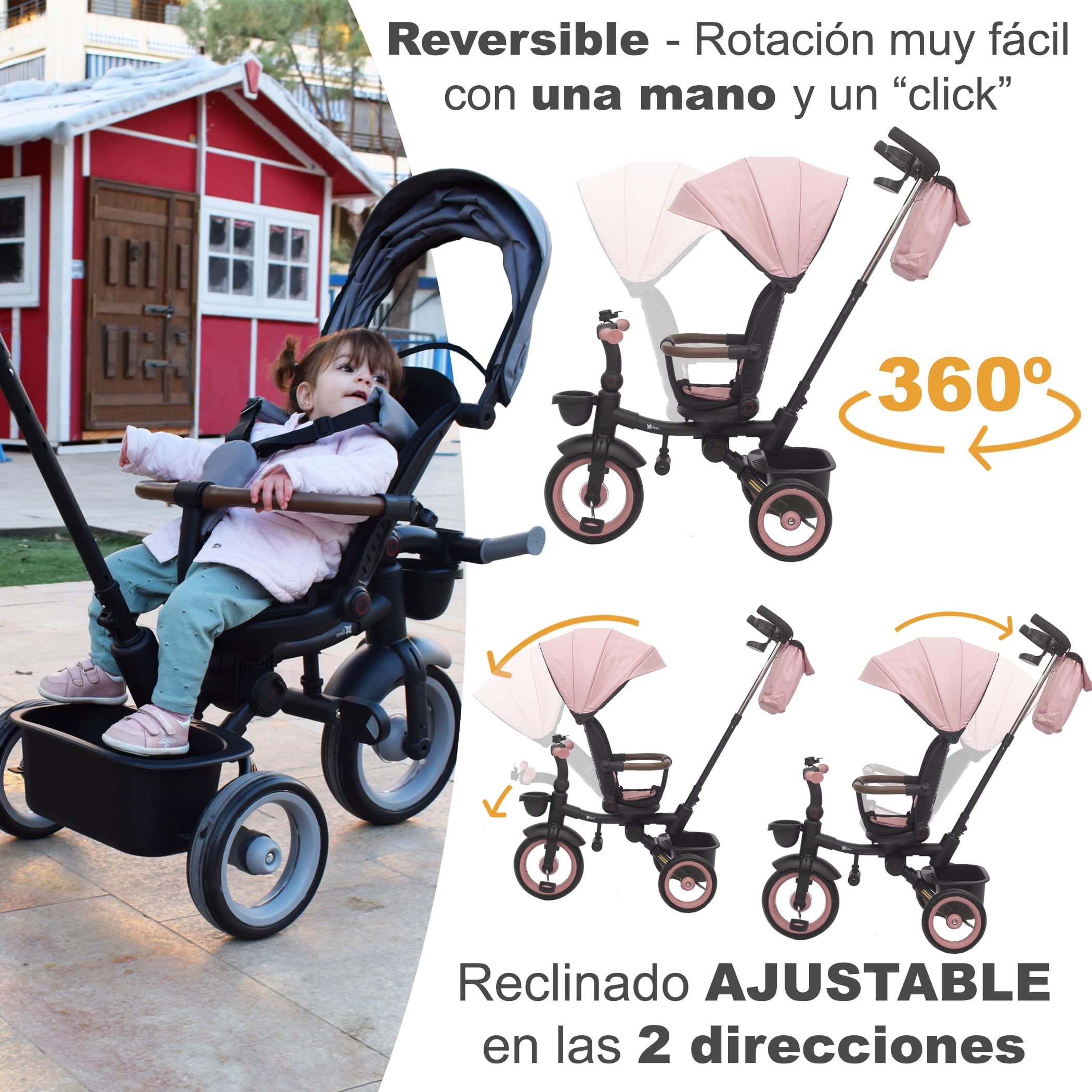 Twinly Triciclo evolutivo pieghevole di 1-5 anni con sedile inclinato e reversibile: segue la crescita del bambino, freno di sicurezza a 5 punti e cintura e barra di protezione SAMI (rosa)