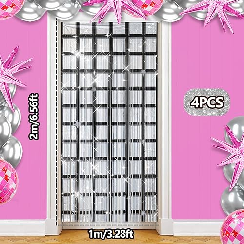 Miniatura 4 de Paquete de 4 cortinas de flecos de papel de aluminio para decoración de fiesta, 3.2 x 6.6 pies, fondo negro y plateado, decoraciones de cumpleaños