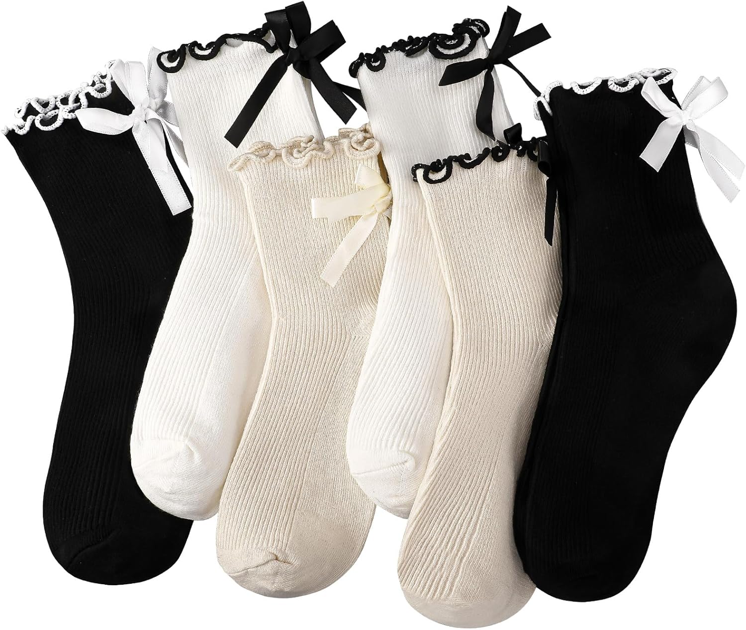 6 Pairs Womens Bow Socks Ruffle Casual Crew Socks Cute Black White Soft Breathable Cotton Frilly Ankle Socks