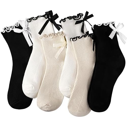 6 Pairs Womens Bow Socks Ruffle Casual Crew Socks Cute Black White Soft Breathable Cotton Frilly Ankle Socks