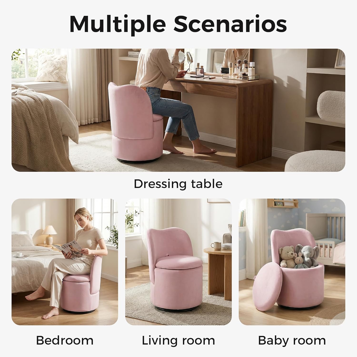 Swivel Velvet Vanity Chair with Storage, Upholstered Vanity Stool with Back, Sherpa Vanity Stool Chair, Round Makeup Chair Swivel Accent Chair Barrel Armchair Soft Padded Seat for Living Room Bedroom
