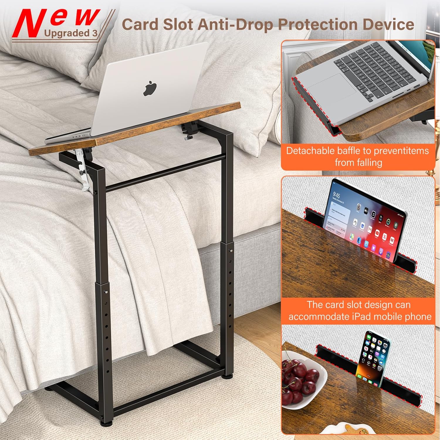 Upgrade Tv Tray Table Set of 2, 8-Level Adjustable Height Couch Side Table, 90° Tilt Angle Foldable C-Shaped End Table with Phone & Tablet Slot Sofa Computer Desk for Couch,Sofa,Bed,Chair,Living Room