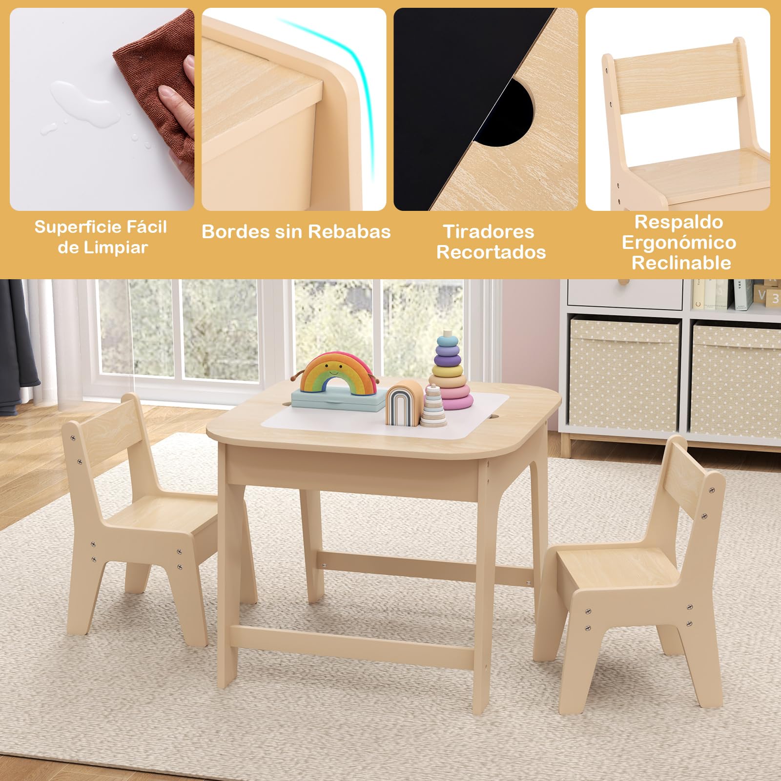 COSTWAY Juego de Mesa y Sillas para Niños, Juego de Mesa de Actividades Infantil con Almacenamiento Oculto, 2 Sillas Ergonómicas, Set de Muebles para Arte, Manualidades (Natural)