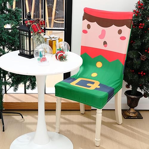 Miniatura 6 de Preboun Juego de 8 fundas para sillas navideñas con estampado navideño, lavables, con Papá Noel, elfo, muñeco de nieve, reno, para comedor, cocina,