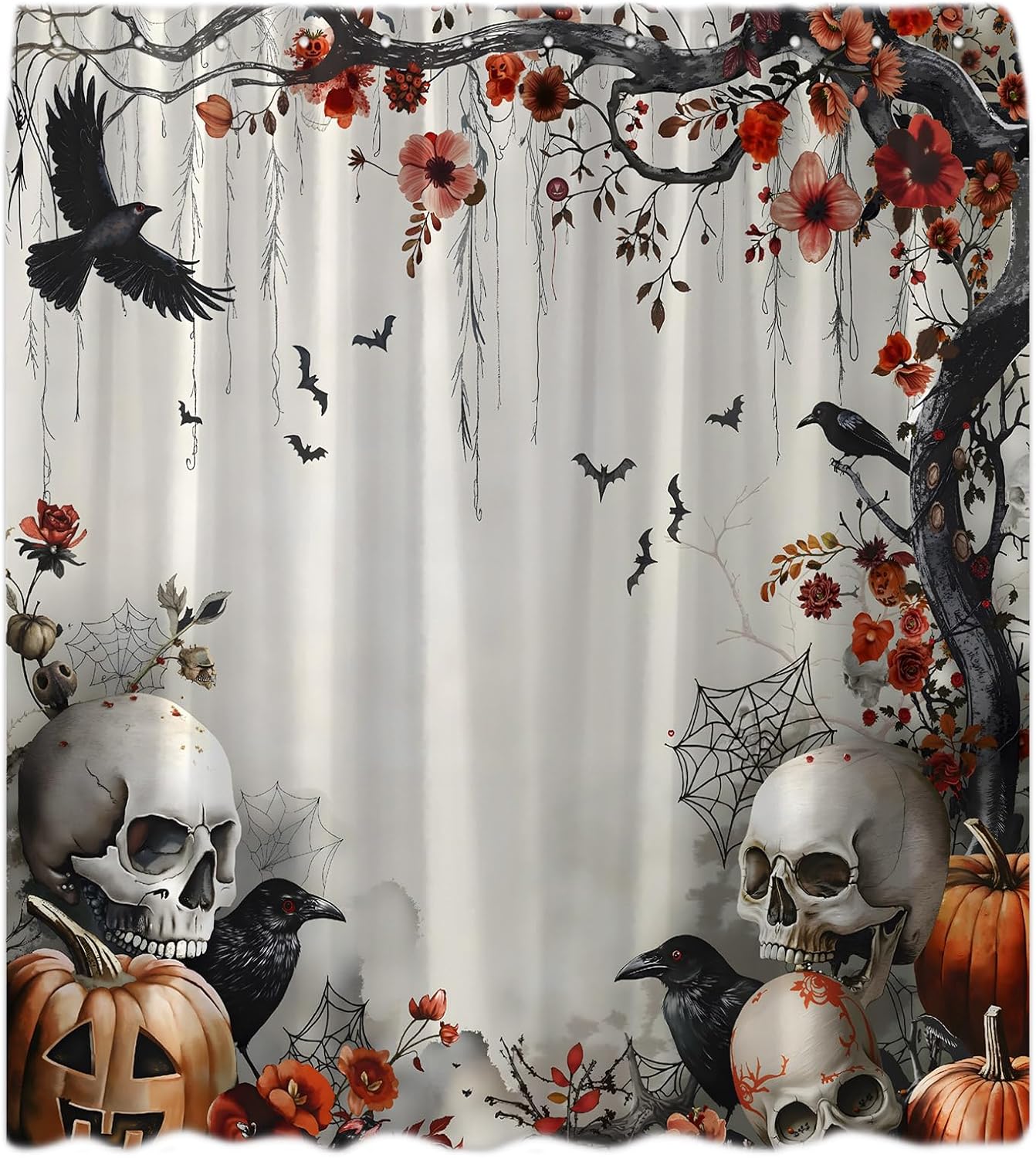 Halloween Shower Curtain Vintage Skull Scary Pumpkin Horror Crow Creepy Skeleton Gothic Fall Floral Tree Raven Spooky Bat Retro Witchy Bath Curtain with Hook