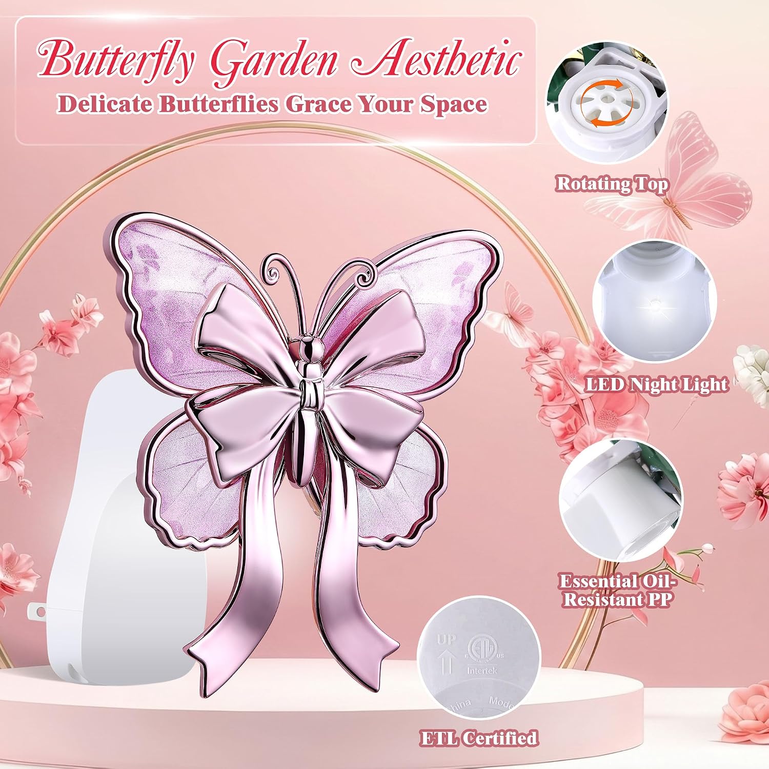 Hohean Wall Fragrance Plug in with Night Light, Compatible with Bath & Body Works Wallflowers Refills, ETL Certified, Pink Butterfly Design, Essential Oil Scent Diffuser for Home, Office