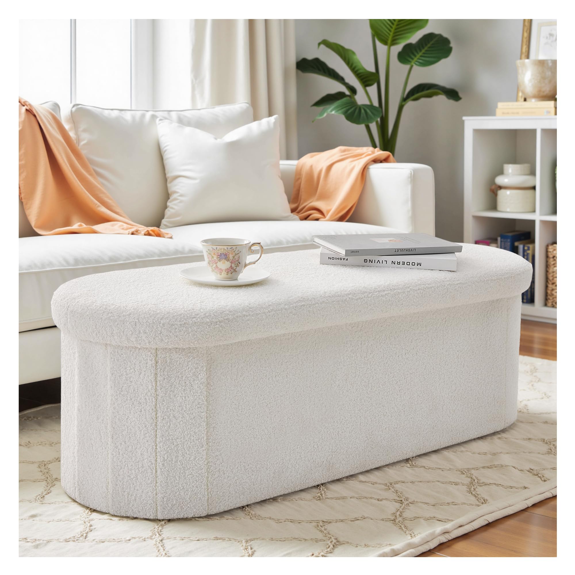 INMOZATA Boucle Ottoman Storage Box Folding Ottoman Storage Box 100L Ottoman Storage Bench Storage Ottoman Boxes with Lid for Living Room, Bedroom, Entryway(White) — image 1