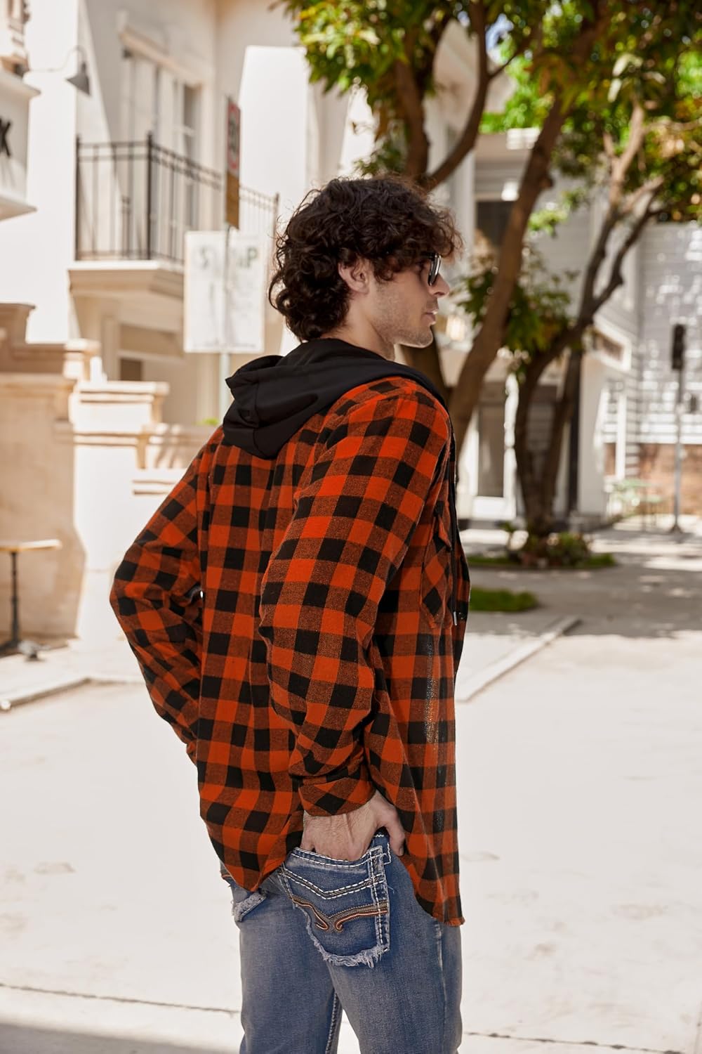 Cromoncent Men Flannel Hoodie Plaid Button Down Jacket Long Sleeve Shirts