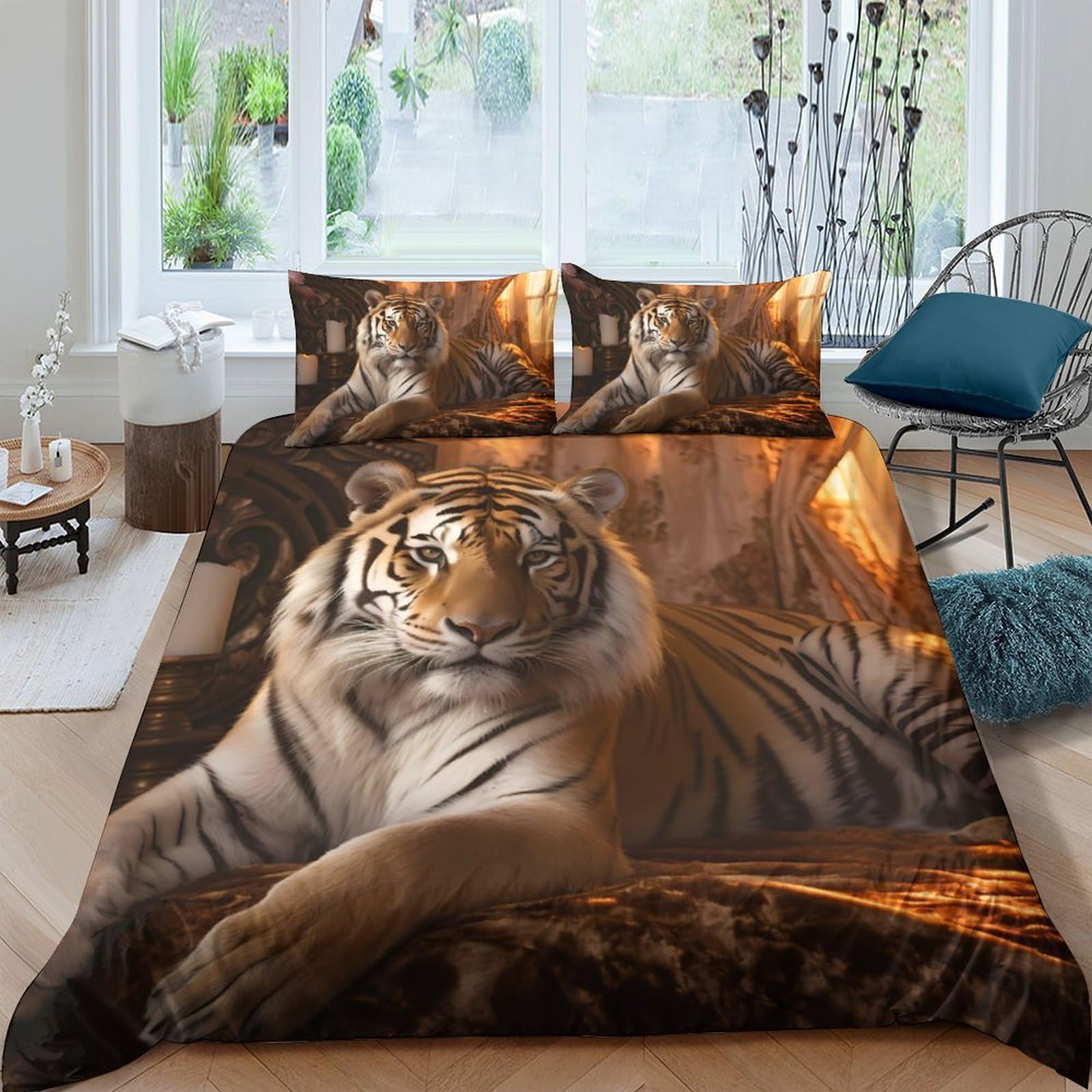 GPLZQXKJNH 3D Printed Tiger Jungle Duvet Cover Set Microfiber Soft Breathable Animal Forest Quilt Cover with 2 Pillowcases for Bedroom Decor Single（135x200cm）