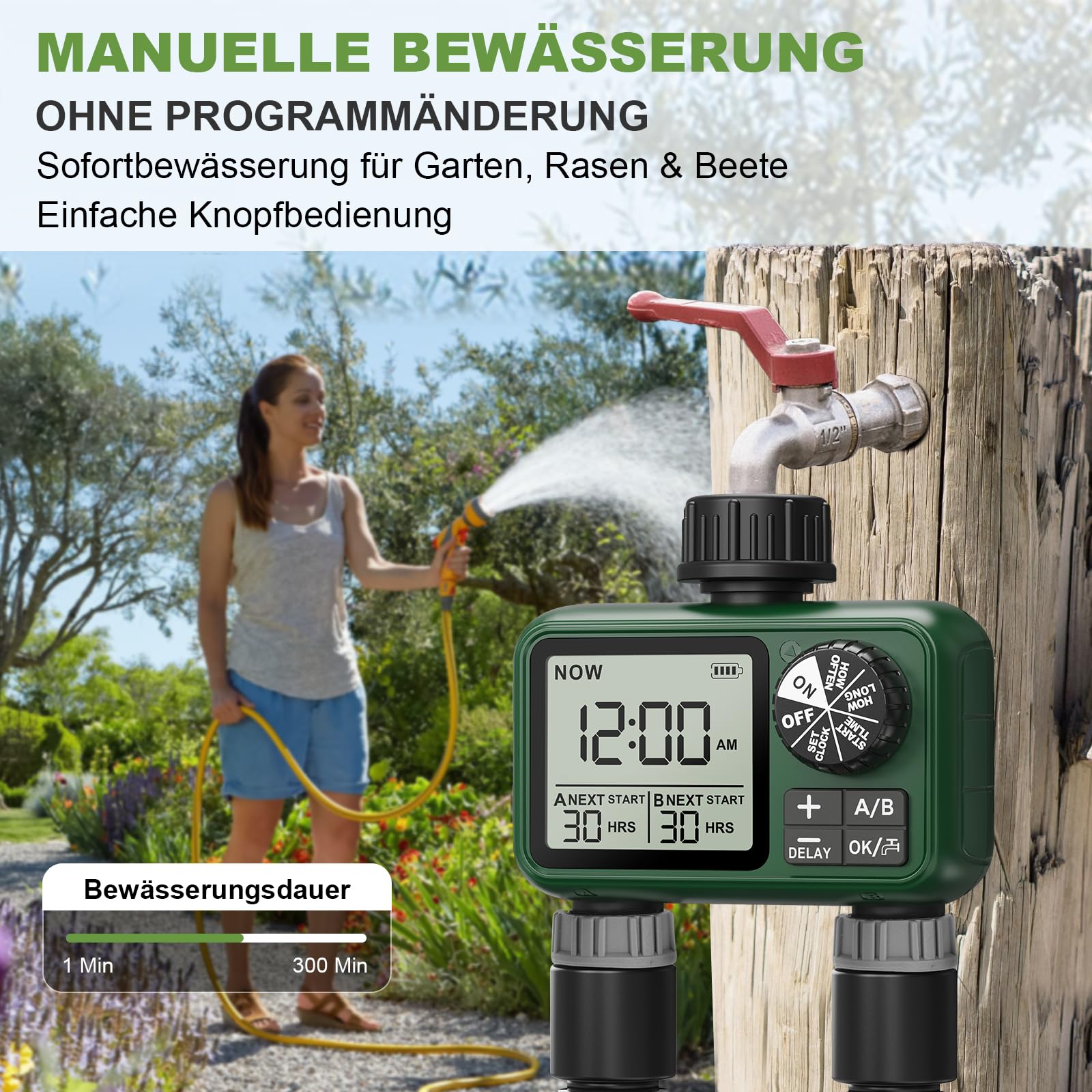 Bewässerungscomputer 2 Ausgänge, Großes LCD-Display Bewässerungsuhr, Automatische Bewässerung Zeitschaltuhr mit Regenverzögertem Manuellem Wasserhahn-Zeitschaltuhr für Garten Rasen