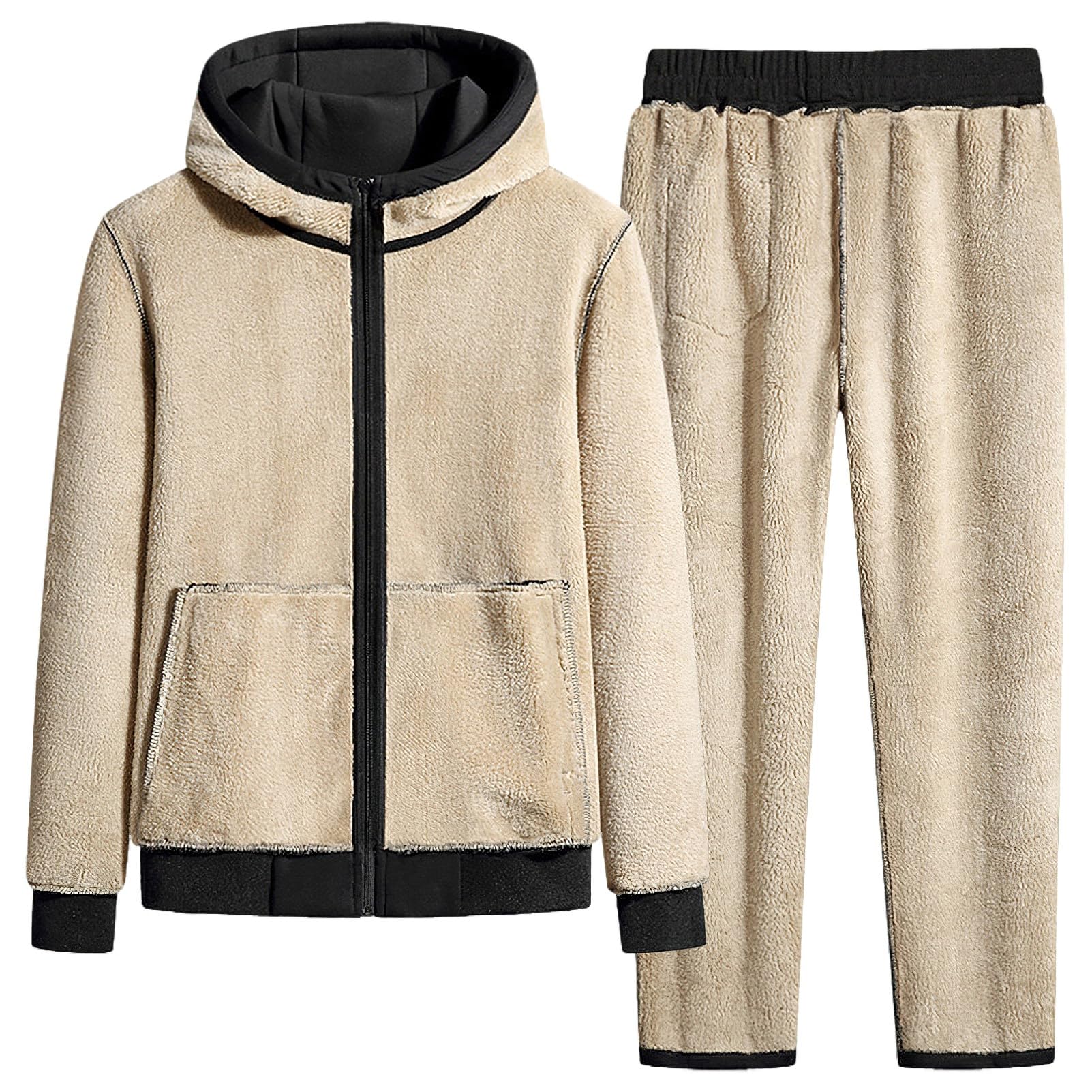 Herren Winter Fleece Gefüttert Baumwoll Trainingsanzug Set Kapuzenjacke und Jogginghose mit Reißverschlusstaschen