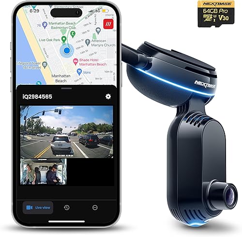 Nextbase iQ 4K Smart HD Dash Cam Pro con 4GLTE y GPS, paquete de tarjeta micro SD de 64G, cámara de tablero 4K con vista frontal y trasera, cámara