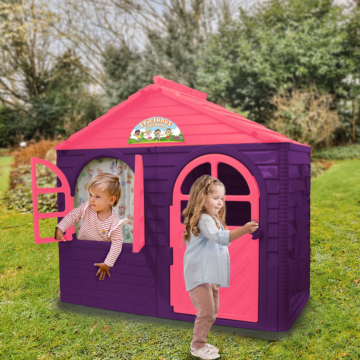 JAMARA Little Home 460498 - Casetta giocattolo in plastica robusta, montaggio stabile, facile da pulire, adatta per interni ed esterni, per porte e finestre si aprono, tende