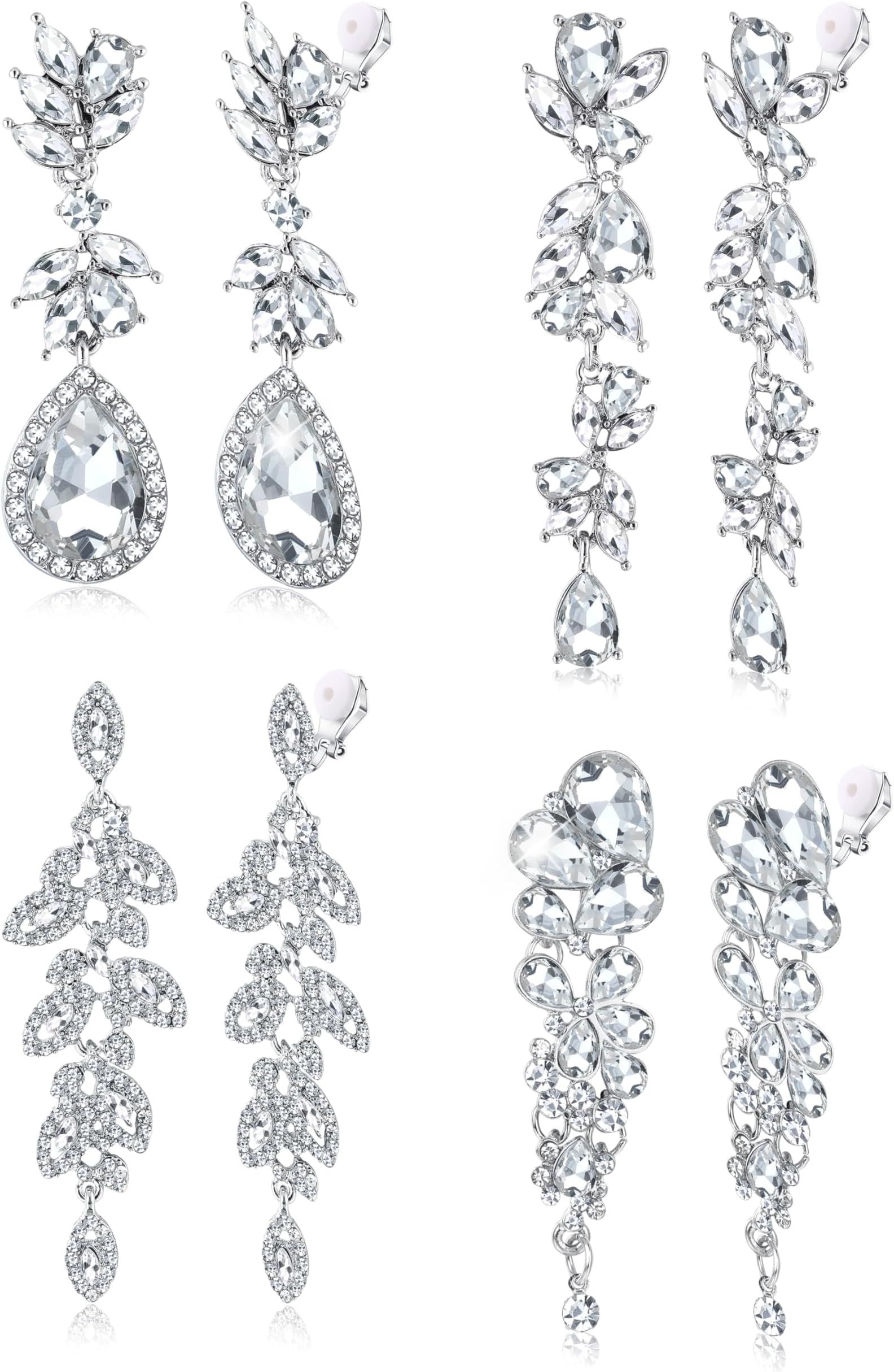 4 Pairs Silver Clip on Earrings for Women Elegant Rhinestone Clip on Earrings Dangle Drop for Brides Bridesmaids Non Pierced Earrings Set