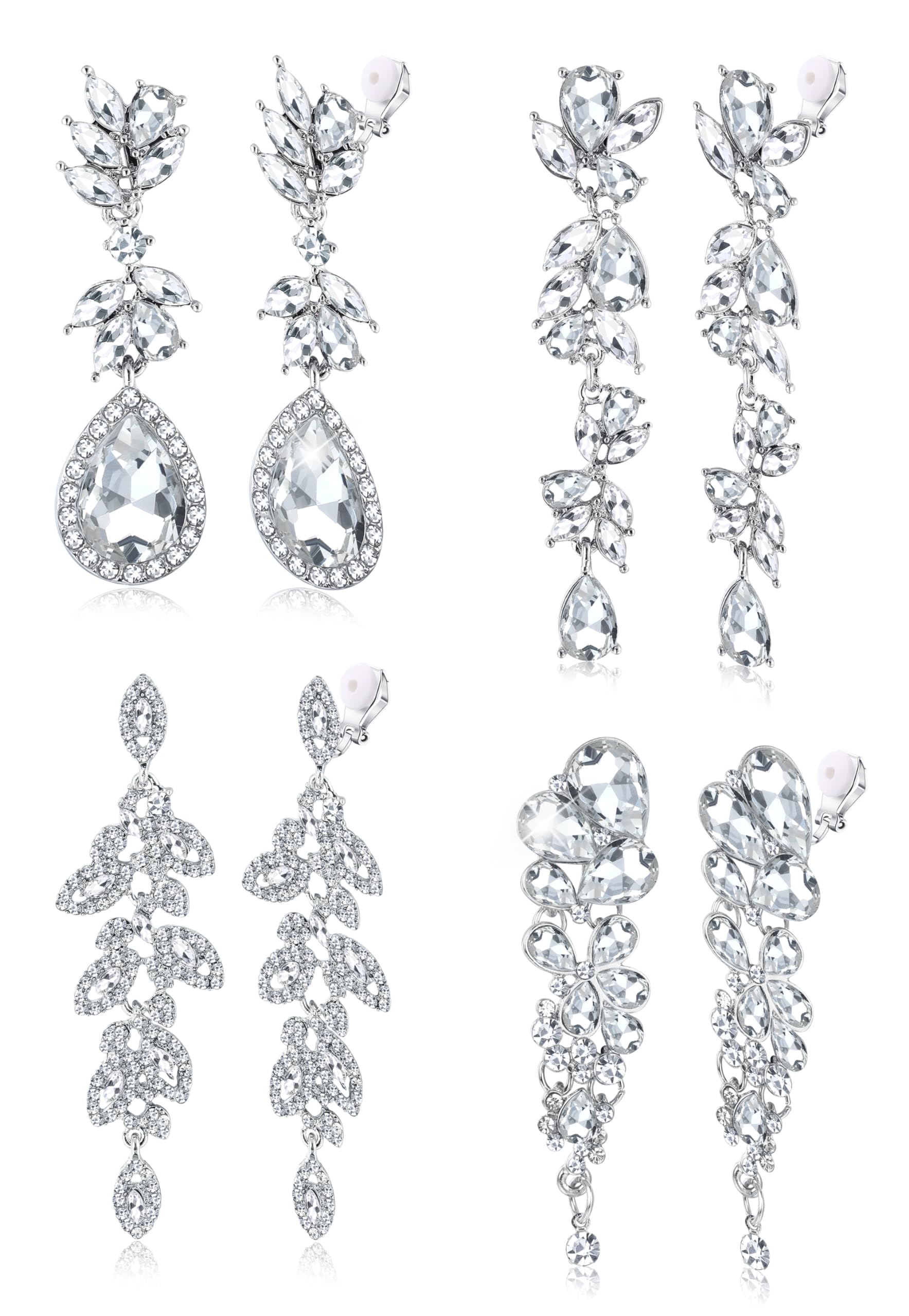 Jstyle 4 Pairs Silver Clip on Earrings for Women Elegant Rhinestone Clip on Earrings Dangle Drop for Brides Bridesmaids Non Pierced Earrings Set