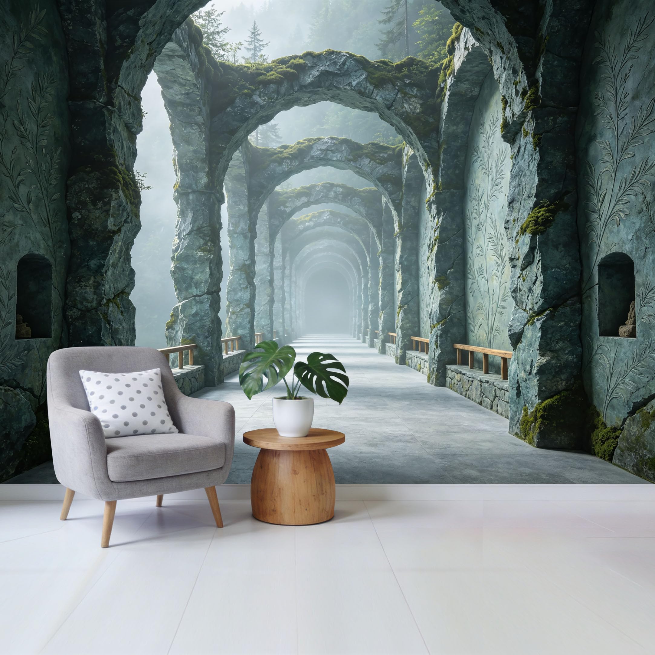 Custom Size Wall Mural Stone Archway Forest Mist Pathway Landscape 3D Trompe l’oeil Removable Self Adhesive Fabric Home Wall Decor for Living Room Bedroom Bathroom