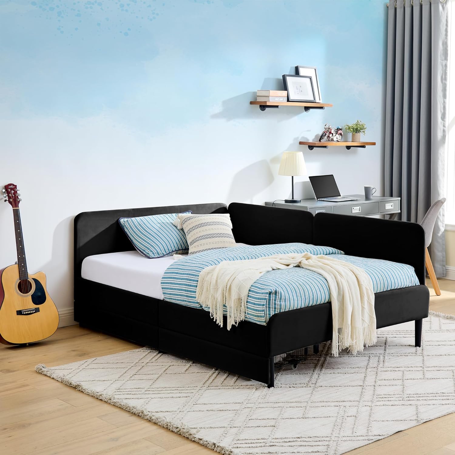 Ball & Cast Full Size Daybed with 2 Storage Drawers, Velvet Day Bed Frame with Head Board & Slats Support,L Shaped Corner Sofa Bed for Living Room,Bedroom,Black