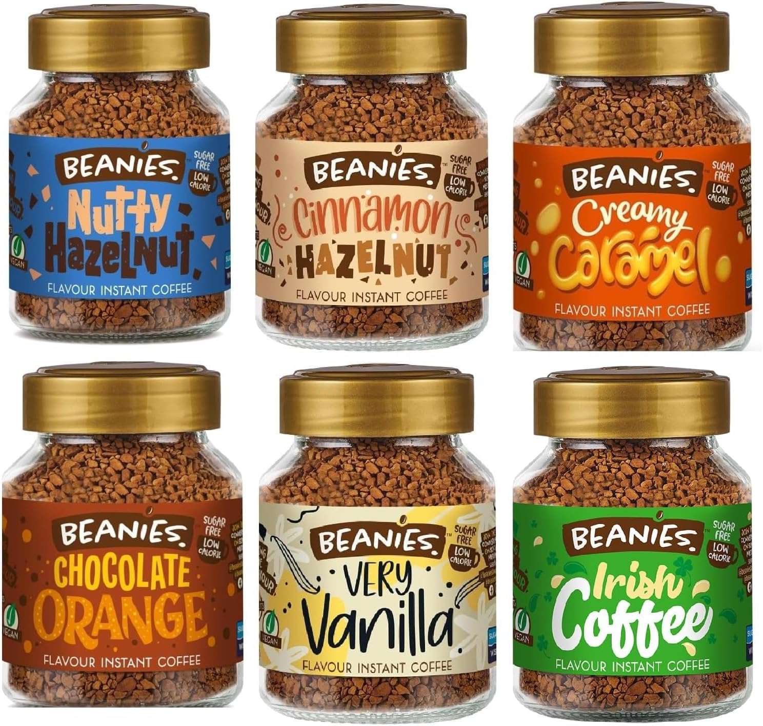 Beanies Flavoured Instant Coffee Variety Pack - 6 x 50g jars - Chocolate Orange, Irish Coffee, Nutty Hazelnut, Creamy Caramel, Cinnamon Hazelnut, Vanilla.