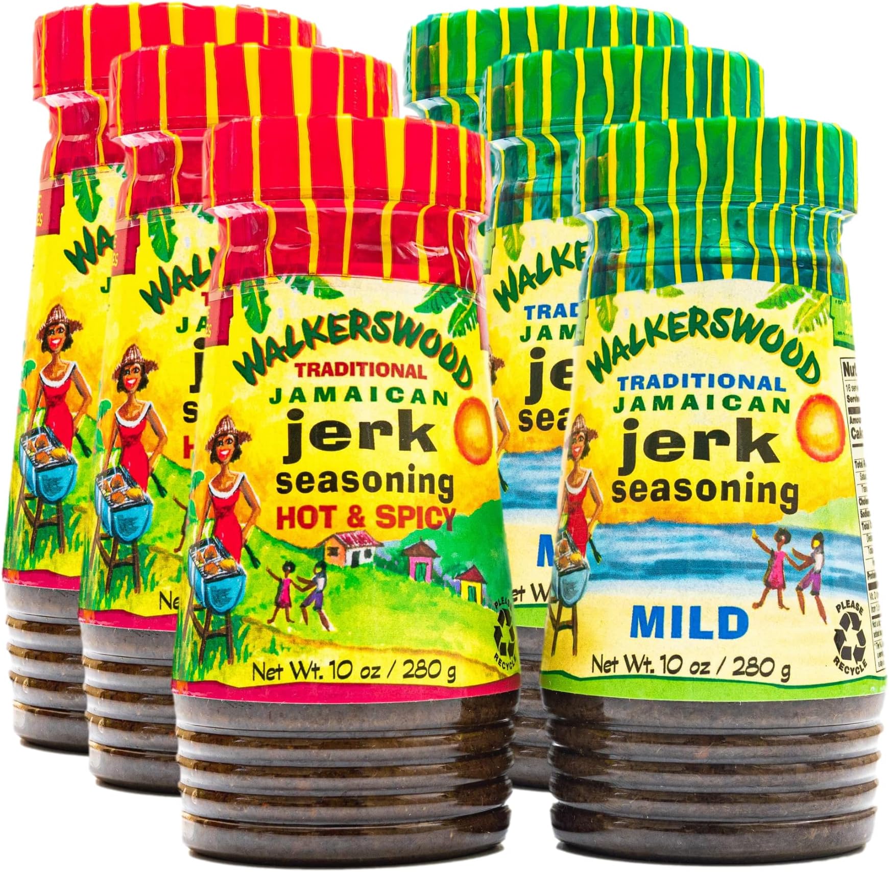 Walkerswood Traditional Jamaican Jerk Seasoning, 3 x Hot & Spicy and 3 x Mild Combo Pack Jamaican Jerk Seasoning, 10 oz (Pack of 6)