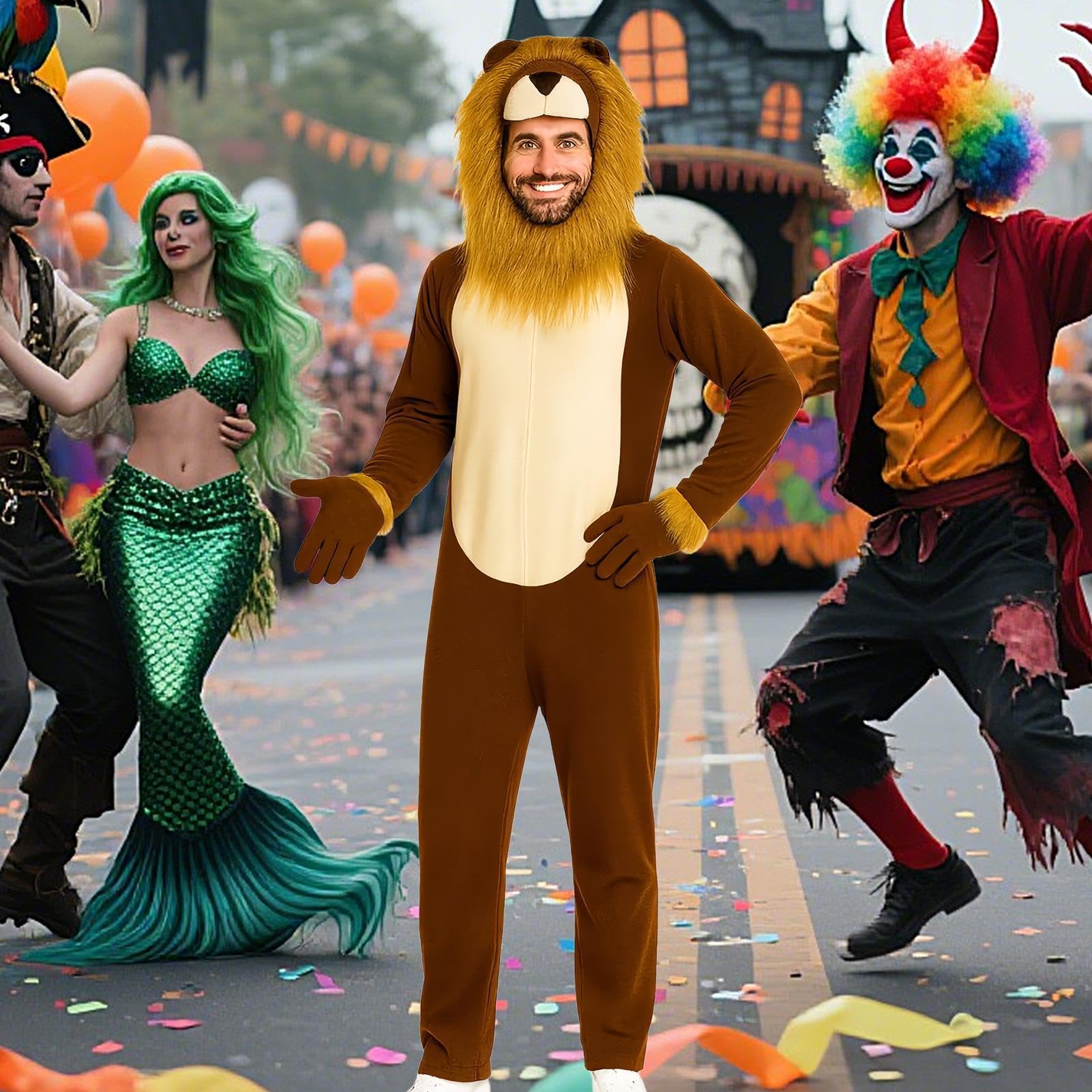 Onesie Lew Realistyczny Kombinezon Zwierzęcy | Lew Strój Halloween Dla Mężczyzn Na Halloween, Teatr, Szkolne Przedstawienie, Konwent Komiksowy I Występy Sceniczne