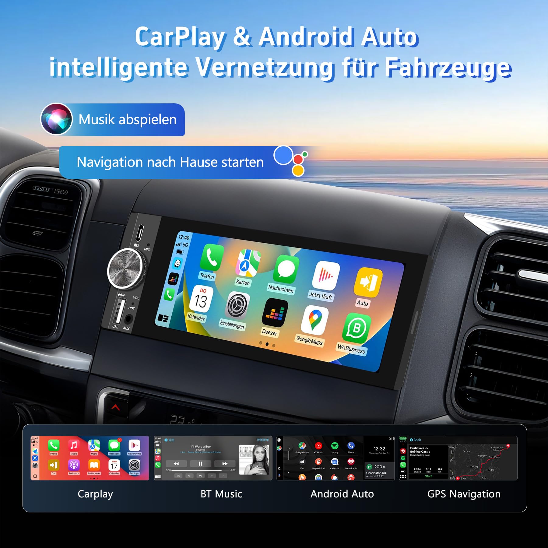 Autoradio 1 DIN avec Écran Tactile 6,28", CarPlay et Android Auto