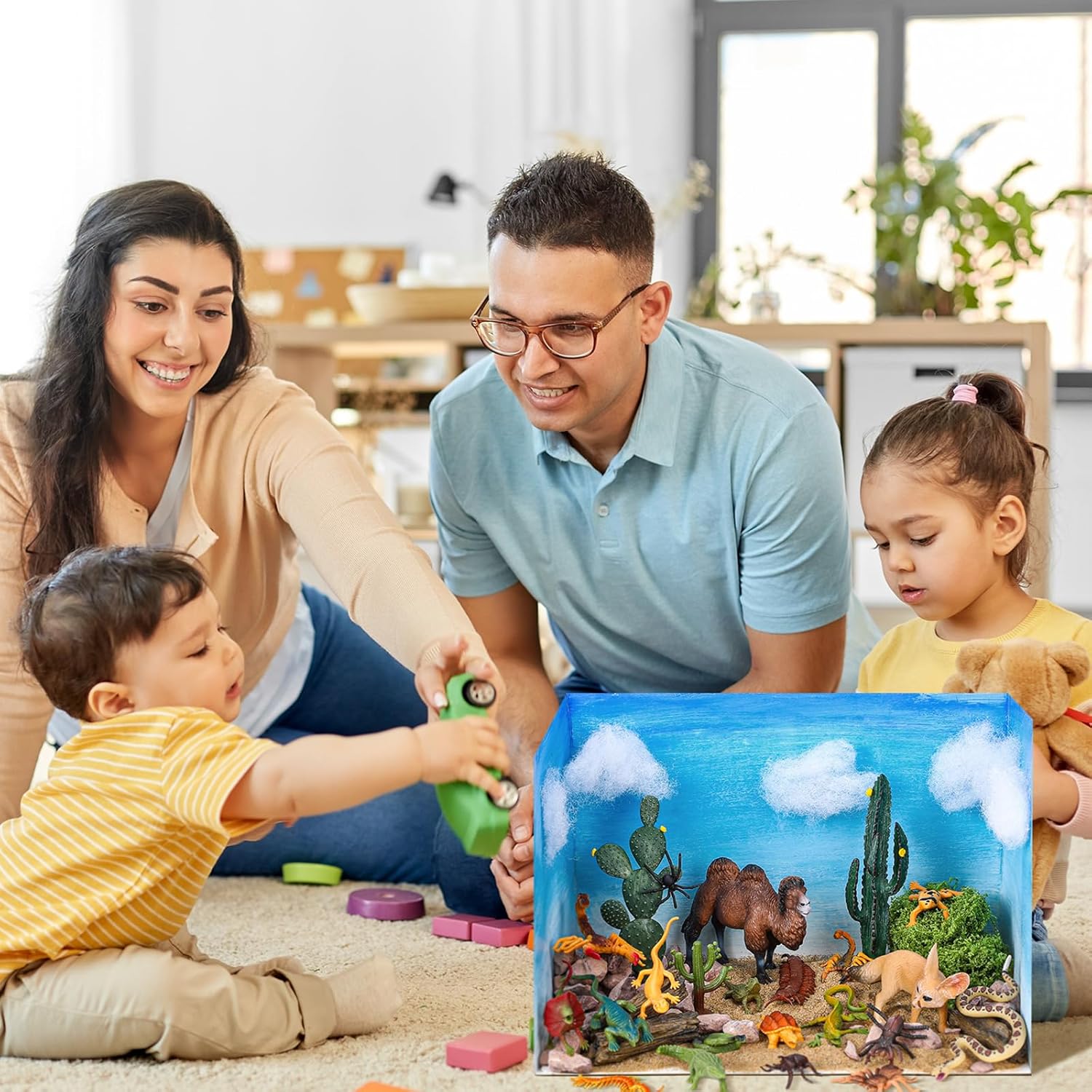 Soulchen 36 Pcs Desert Cardboard Diorama Box Kit 3D Desert Diorama Play Set Model Cactus Kit with Reptiles Camel Fennec Fox Lizard Snake Spiders for Birthday Gifts