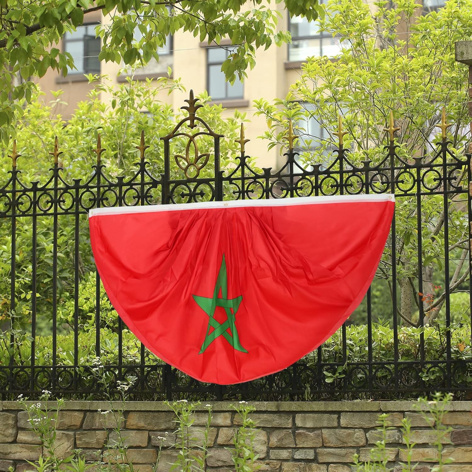 Morocco Moroccan Pleated Fan Flag Bunting 3 x 6 Ft Pleated 2 Pcs Fan Flag Banner Indoor/Outdoor/Front Porch Decorations,Morocco Half Fan Flag Patriotic Holiday decorations, Celebrations.