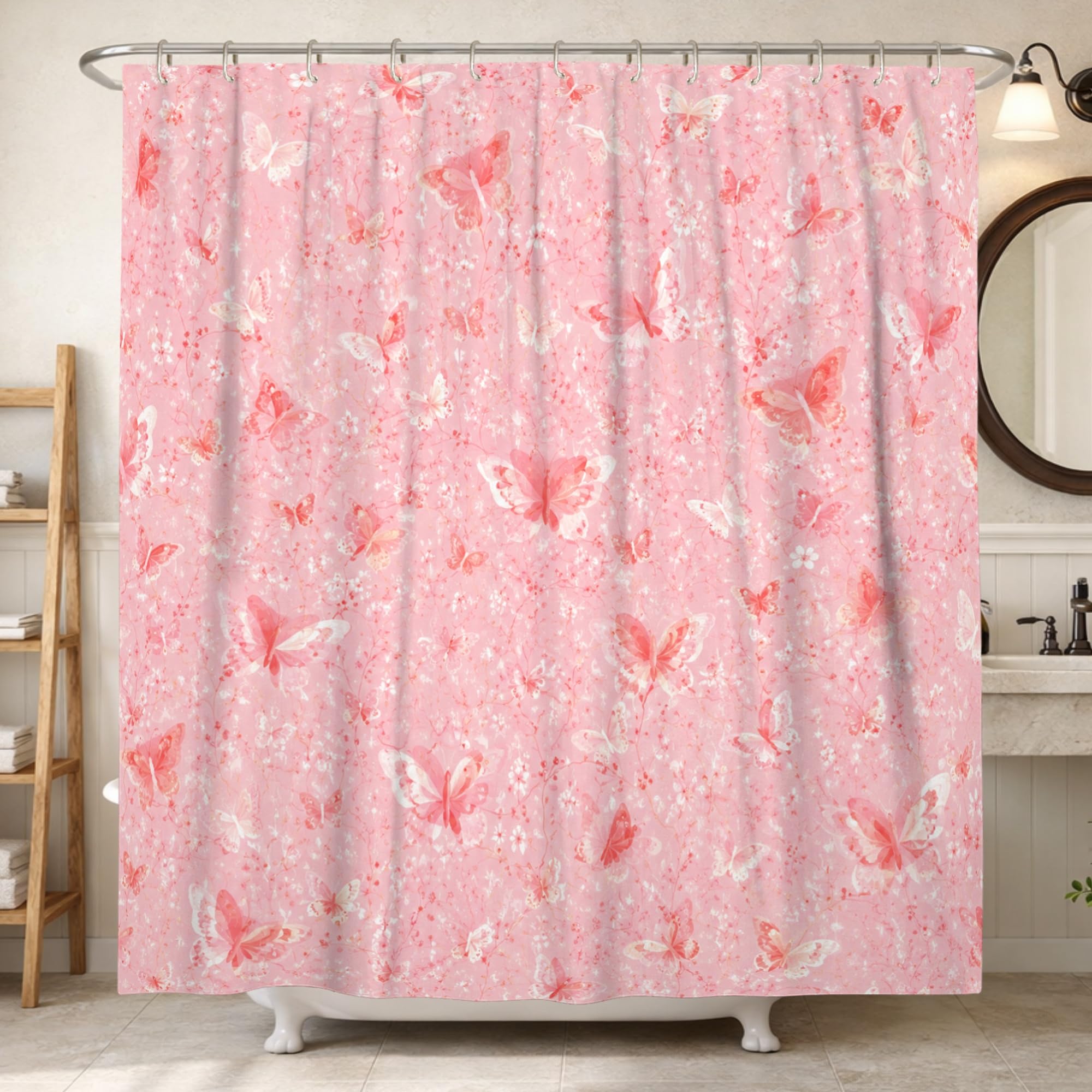 Rideau de douche polyester imperméable motif papillon et fleurs pour salle de bain 183x213cm